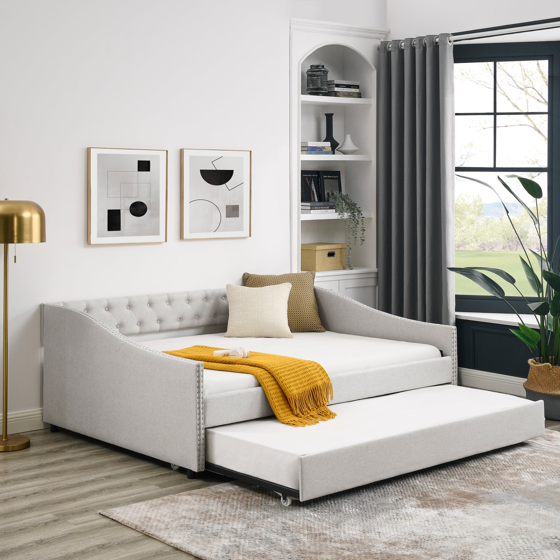 Full Size Daybed with Twin Size Trundle Upholstered Tufted Sofa Bed, with Button on Back and Copper Nail on Waved Shape Arms,Beige (80.5"x55.5"x27.5") image 1