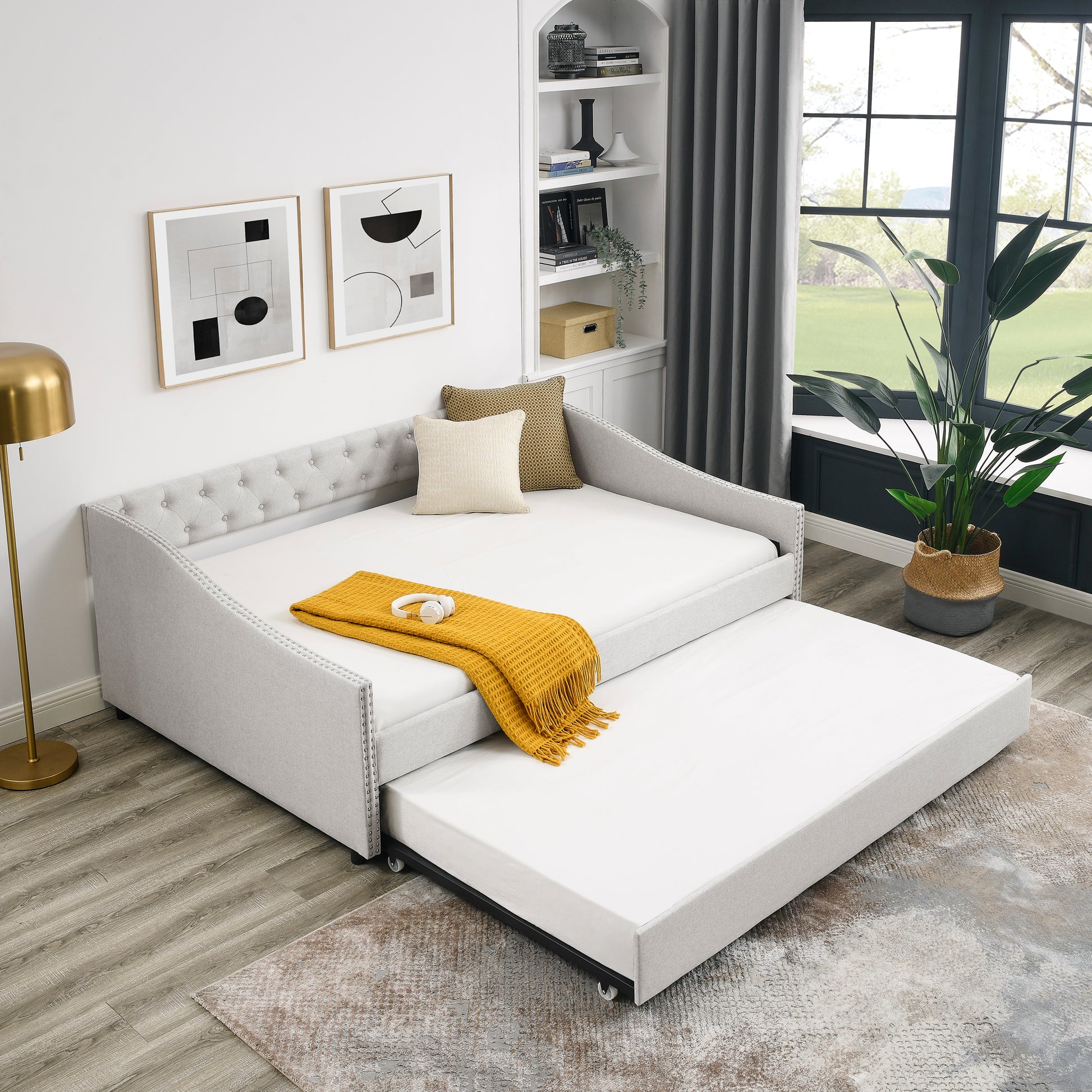 Full Size Daybed with Twin Size Trundle Upholstered Tufted Sofa Bed, with Button on Back and Copper Nail on Waved Shape Arms,Beige (80.5"x55.5"x27.5") image 3