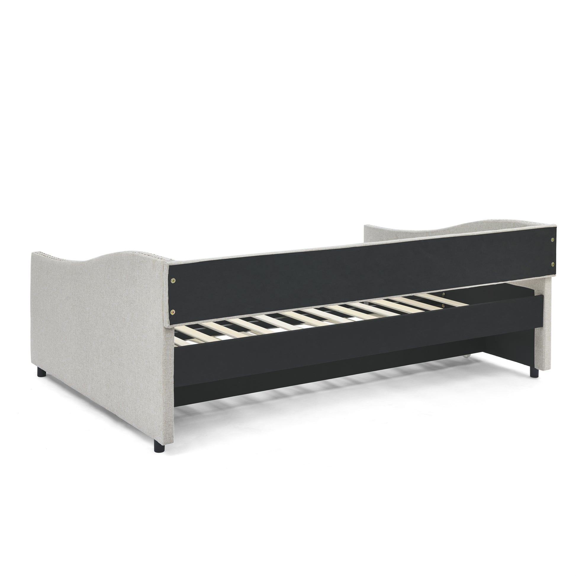 Full Size Daybed with Twin Size Trundle Upholstered Tufted Sofa Bed, with Button on Back and Copper Nail on Waved Shape Arms,Beige (80.5"x55.5"x27.5") image 10