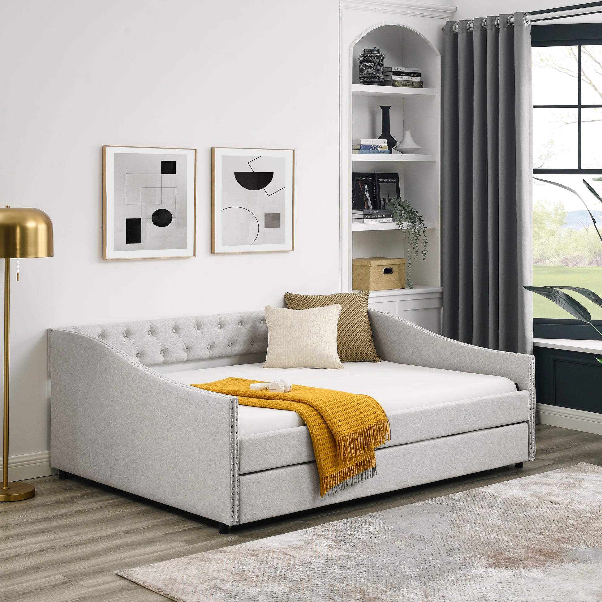 Full Size Daybed with Twin Size Trundle Upholstered Tufted Sofa Bed, with Button on Back and Copper Nail on Waved Shape Arms,Beige (80.5"x55.5"x27.5") image 2