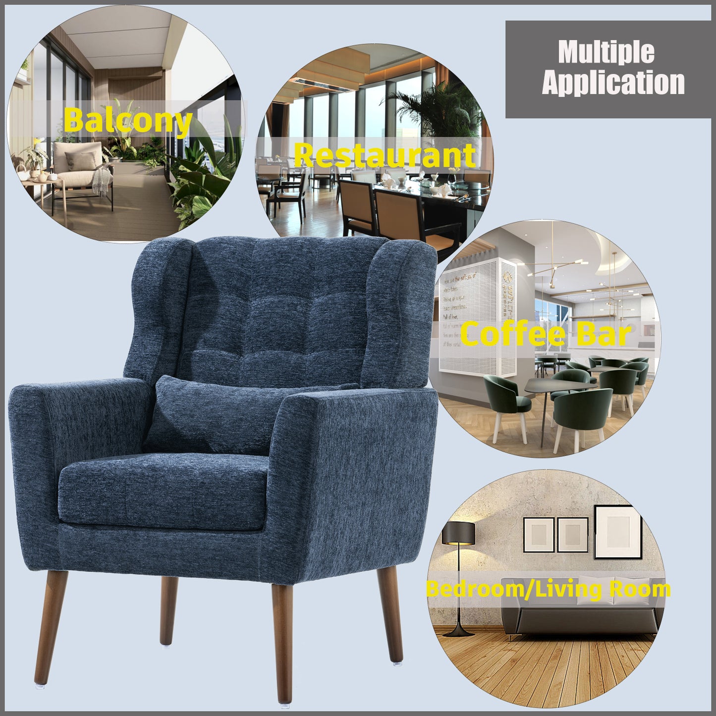 Modern Accent Chair,Chenille Arm Chairs for Living Room,Upholstered Mordern Armchair,Comfy Soft Padded Lounge Chair in Small Space, Bedroom, w/Pillow, Solid Wood Leg (Dark Blue) image 4