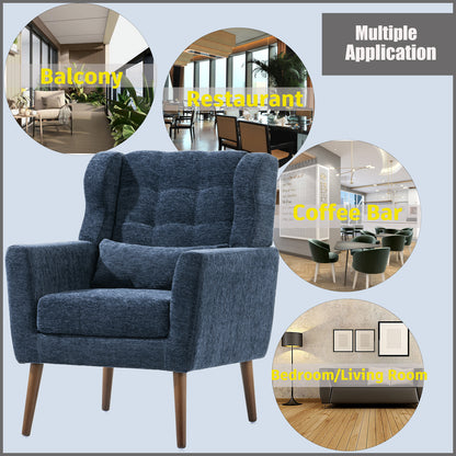 Modern Accent Chair,Chenille Arm Chairs for Living Room,Upholstered Mordern Armchair,Comfy Soft Padded Lounge Chair in Small Space, Bedroom, w/Pillow, Solid Wood Leg (Dark Blue) image 4