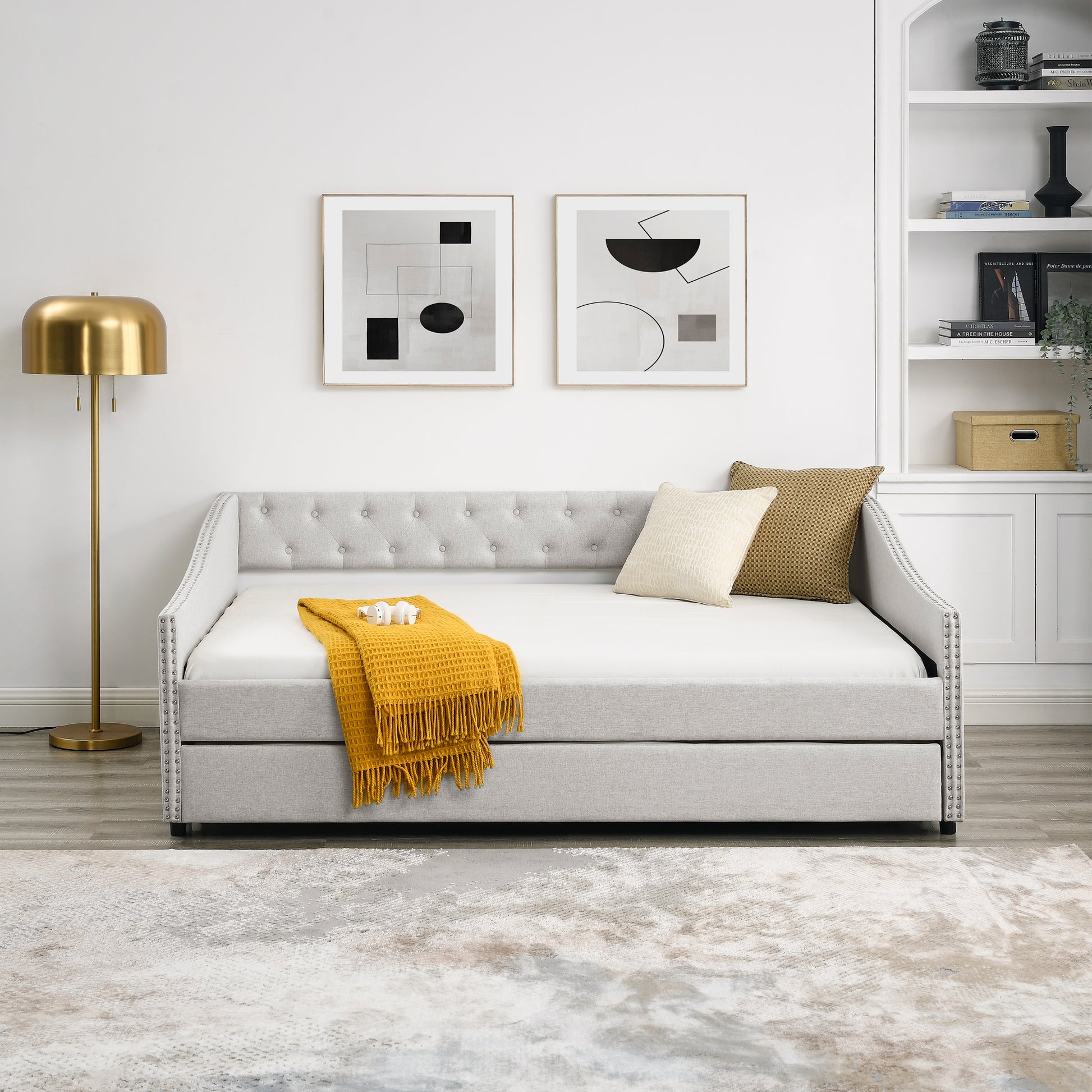 Full Size Daybed with Twin Size Trundle Upholstered Tufted Sofa Bed, with Button on Back and Copper Nail on Waved Shape Arms,Beige (80.5"x55.5"x27.5") image 5