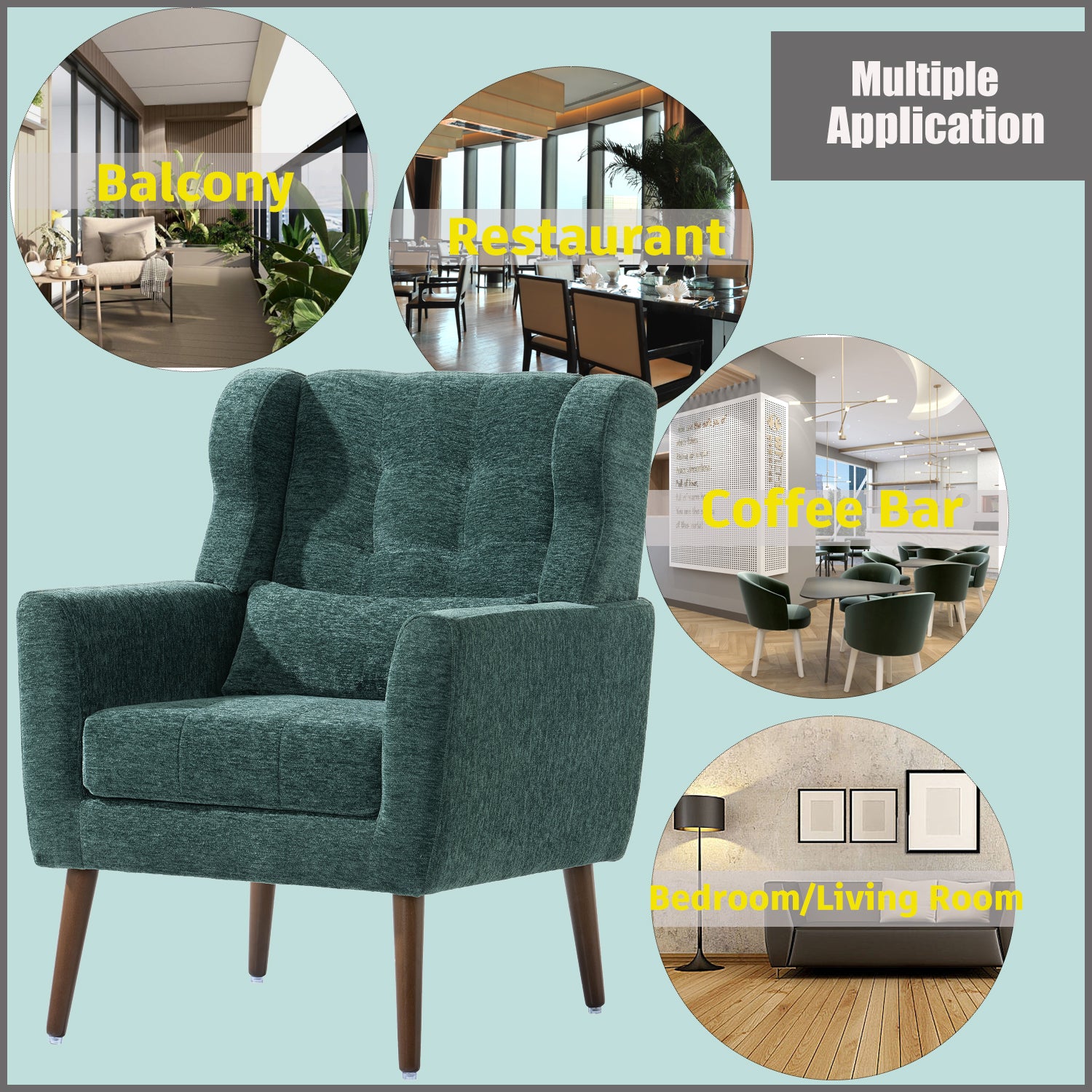Modern Accent Chair,Chenille Arm Chairs for Living Room,Upholstered Mordern Armchair,Comfy Soft Padded Lounge Chair in Small Space, Bedroom, w/Pillow, Solid Wood Leg (Blackish Green) image 5