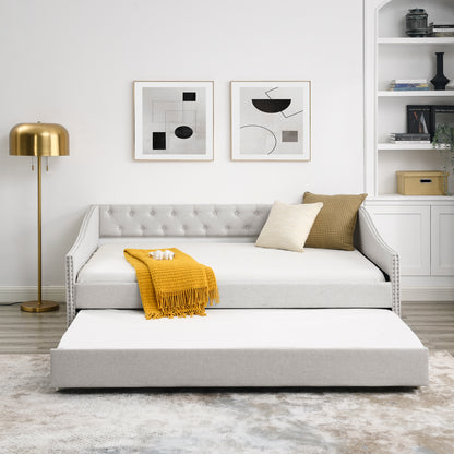 Full Size Daybed with Twin Size Trundle Upholstered Tufted Sofa Bed, with Button on Back and Copper Nail on Waved Shape Arms,Beige (80.5"x55.5"x27.5") image 4