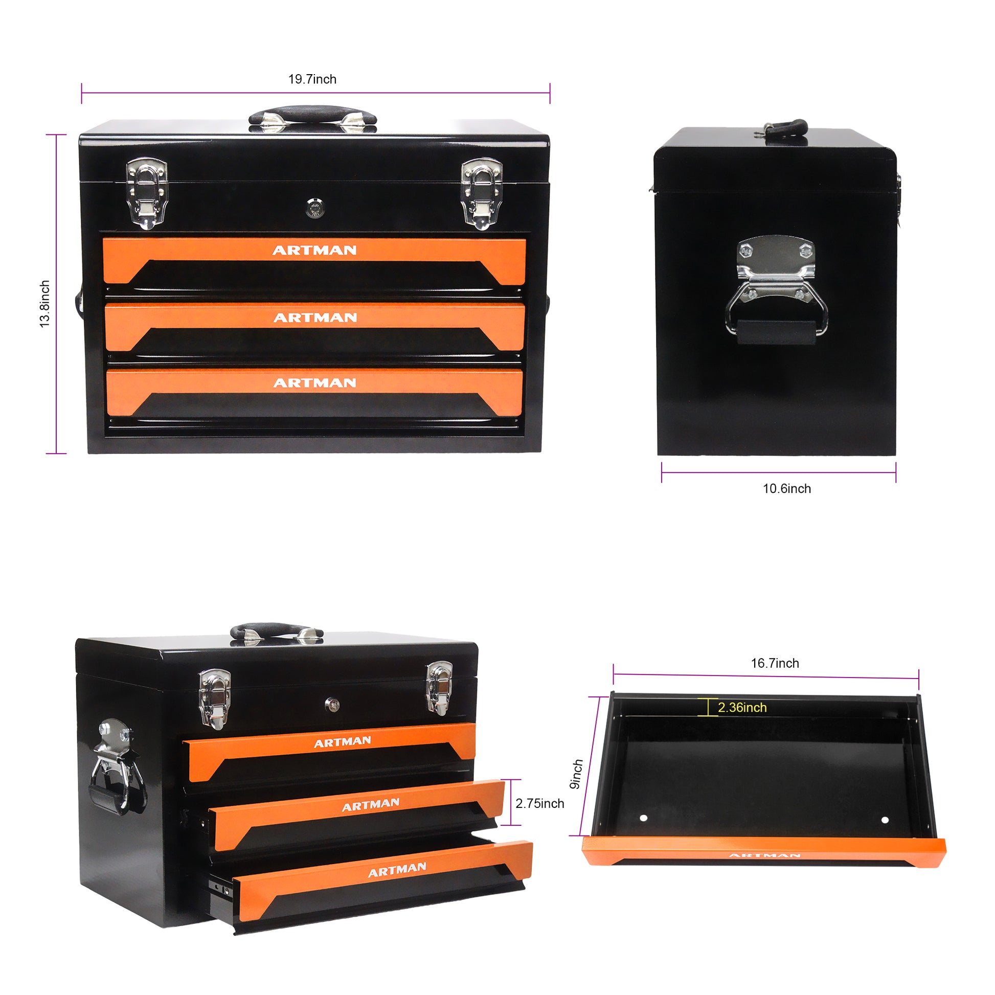 20'' Portable 3-Drawer Steel Toolbox, 4 Layers of Tools with Metal Latches, with Top Storage Tray and carrying Handle, Multi-Function Tool Storage for Garage, Home, or Workbench,Black&Orange image 2