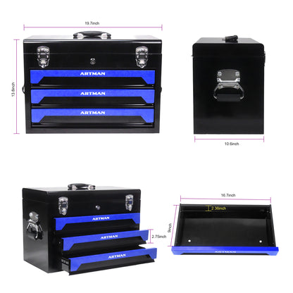 20'' Portable 3-Drawer Steel Toolbox, 4 Layers of Tools with Metal Latches, with Top Storage Tray and carrying Handle, Multi-Function Tool Storage for Garage, Home, or Workbench,Black&Blue image 2