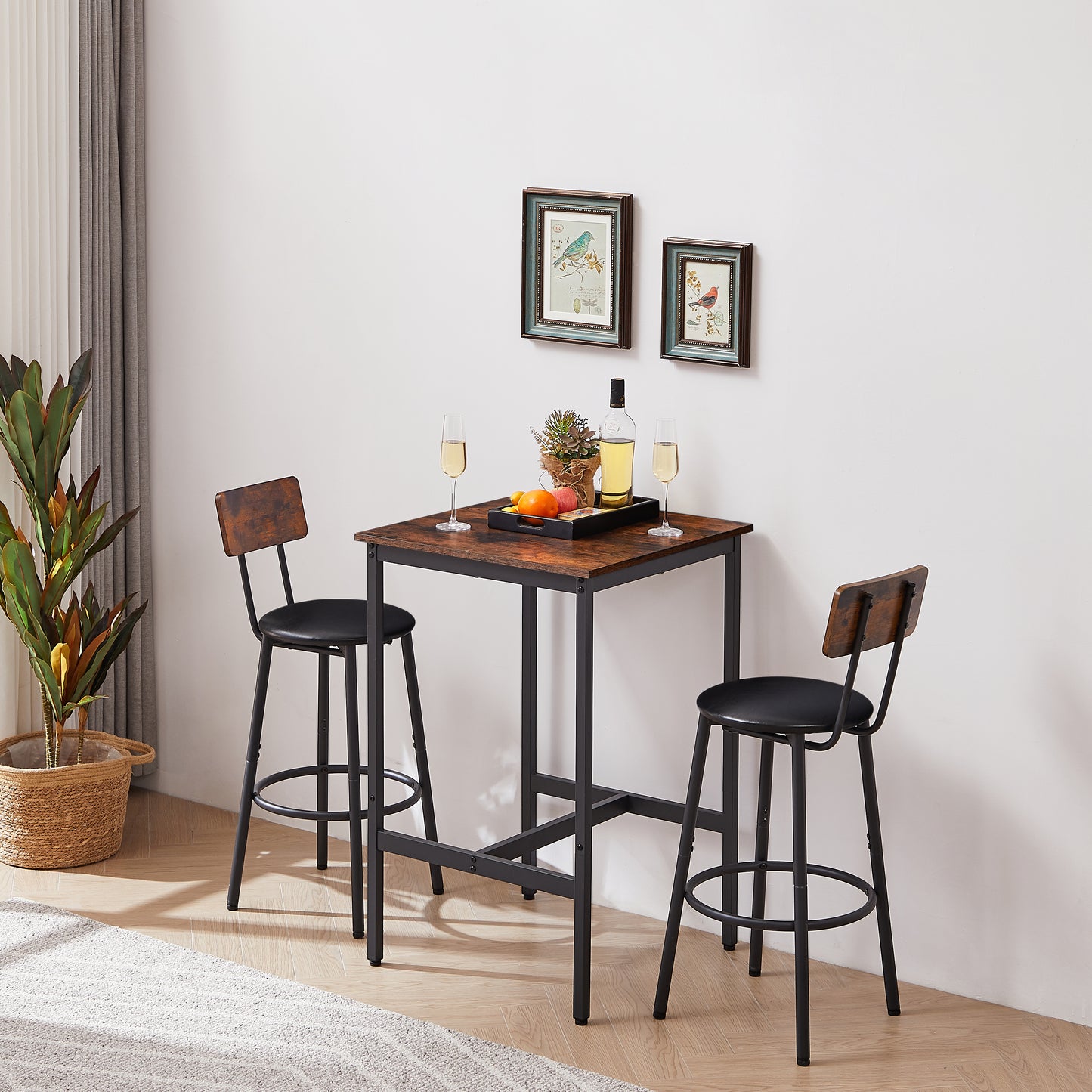 Bar Table Set with 2 Bar stools PU Soft seat with backrest, Rustic Brown, 23.62'' W x 23.62'' D x 35.43'' H image 1