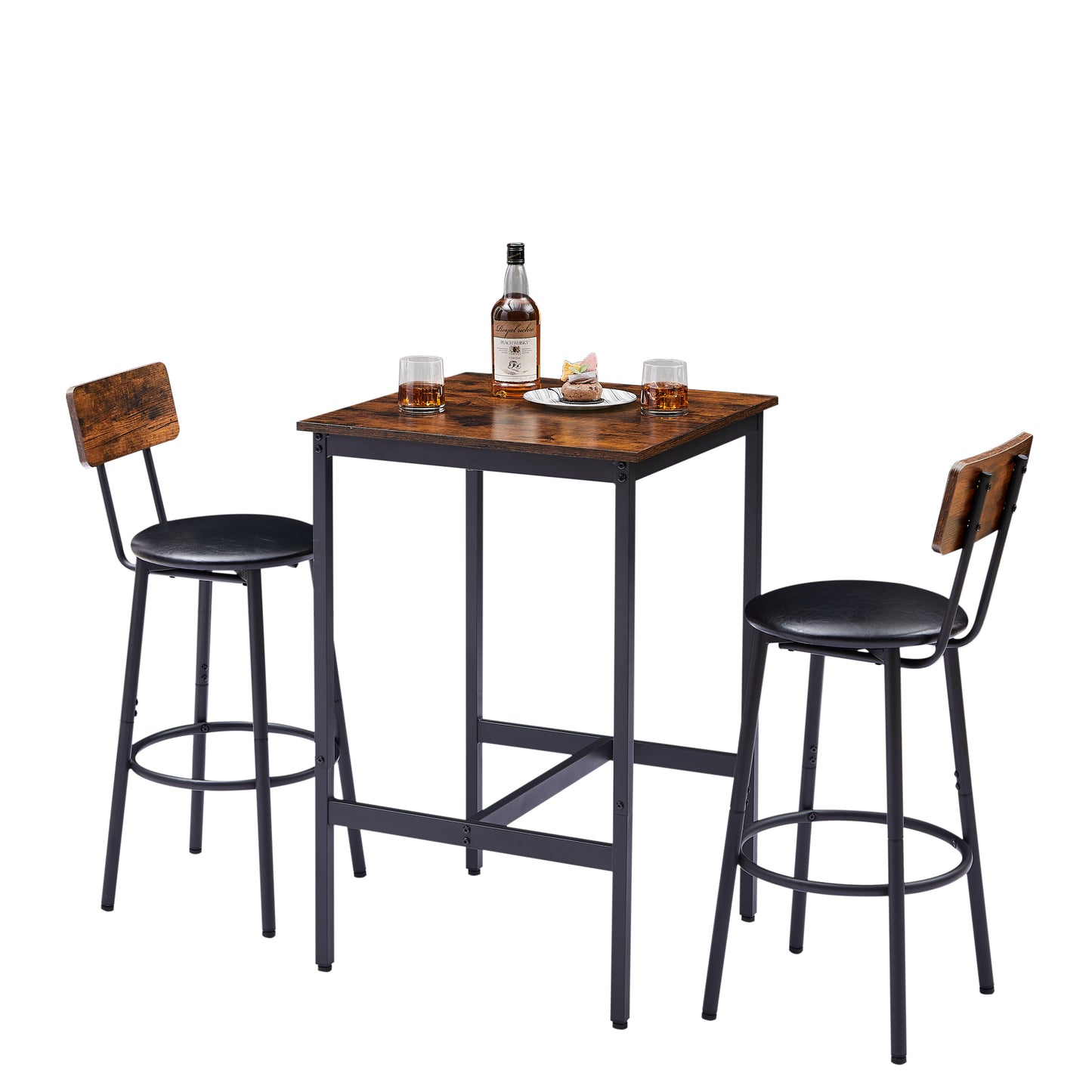 Bar Table Set with 2 Bar stools PU Soft seat with backrest, Rustic Brown, 23.62'' W x 23.62'' D x 35.43'' H image 7