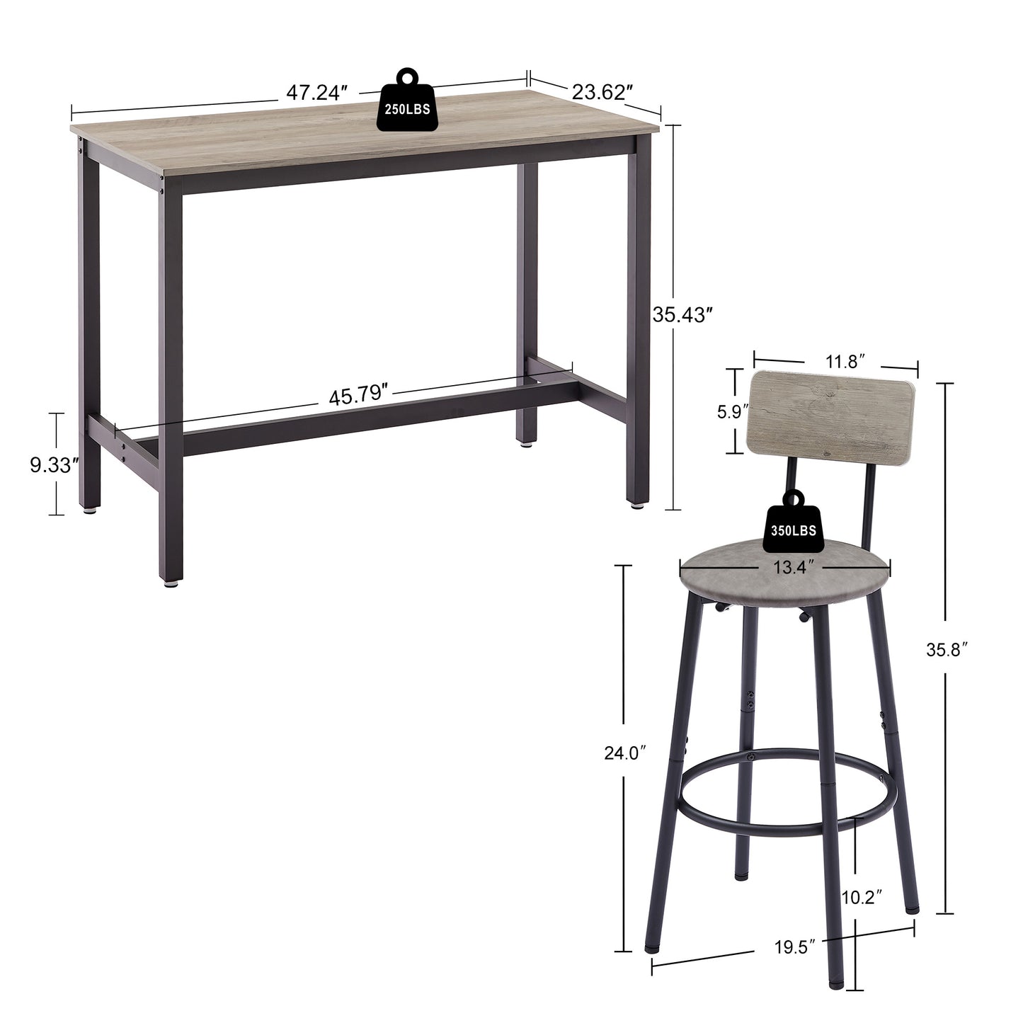Bar Table Set with 4 Bar stools PU Soft seat with backrest, Grey, 47.24'' L x 23.62'' W x 35.43'' H image 7