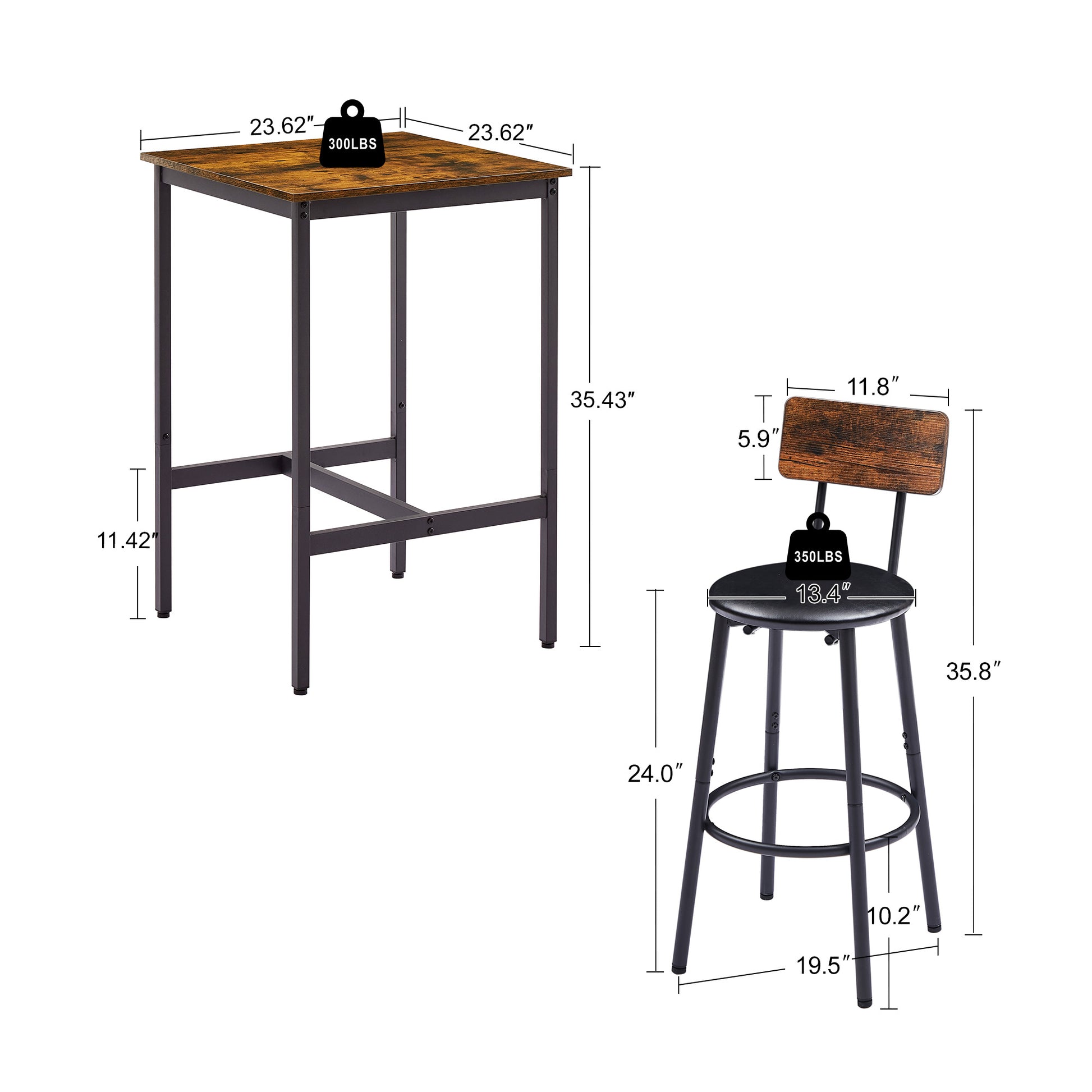 Bar Table Set with 2 Bar stools PU Soft seat with backrest, Rustic Brown, 23.62'' W x 23.62'' D x 35.43'' H image 5