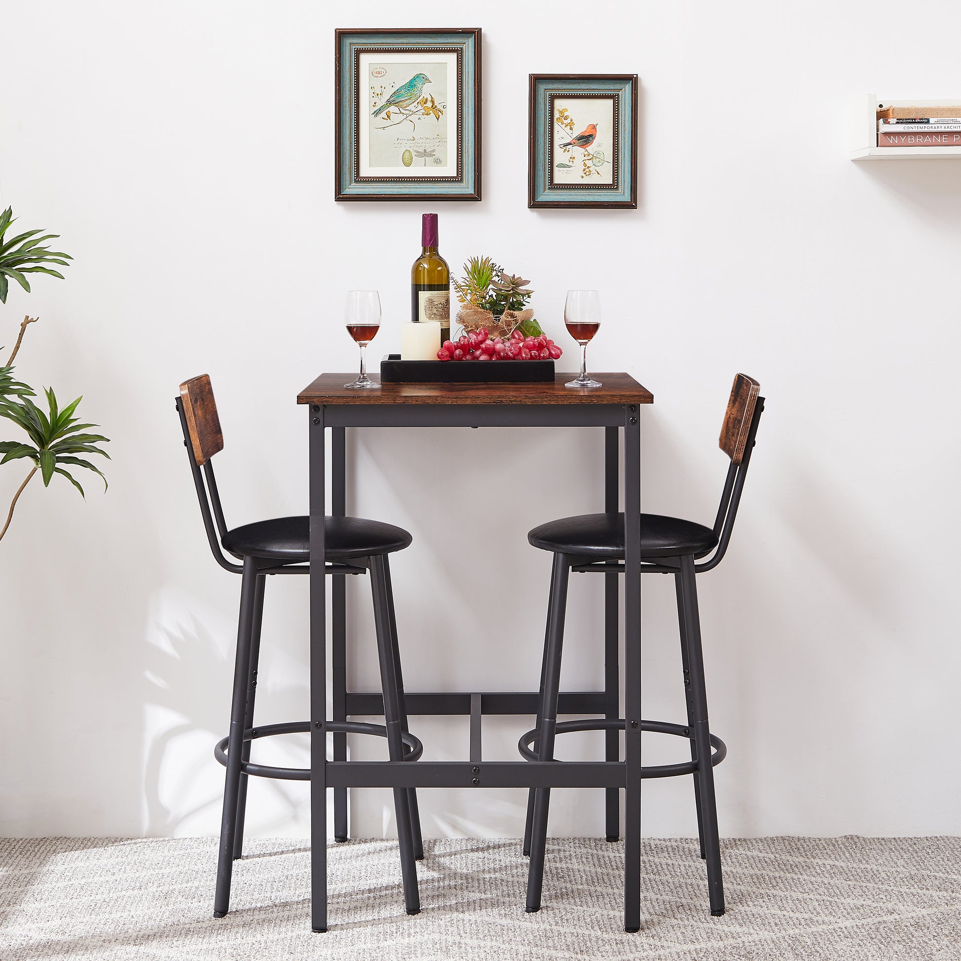 Bar Table Set with 2 Bar stools PU Soft seat with backrest, Rustic Brown, 23.62'' W x 23.62'' D x 35.43'' H image 3