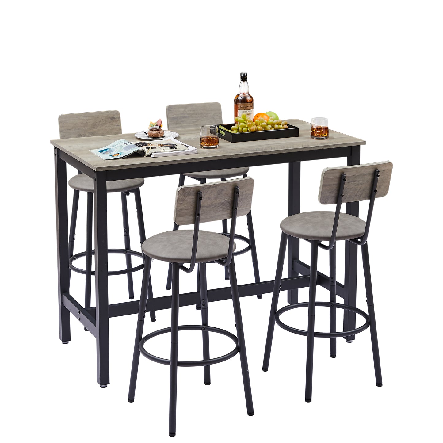 Bar Table Set with 4 Bar stools PU Soft seat with backrest, Grey, 47.24'' L x 23.62'' W x 35.43'' H image 9