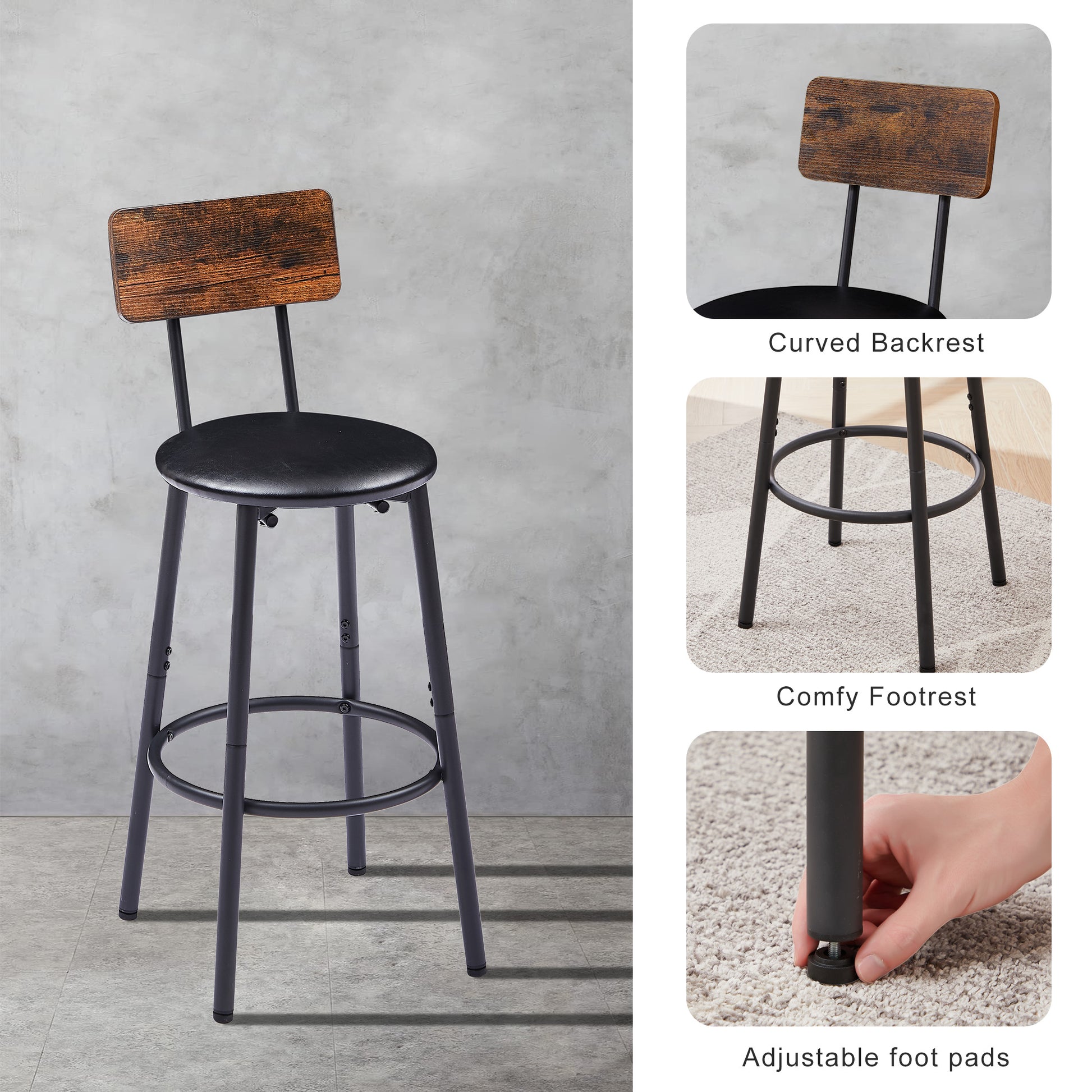 Bar Table Set with 2 Bar stools PU Soft seat with backrest, Rustic Brown, 23.62'' W x 23.62'' D x 35.43'' H image 8
