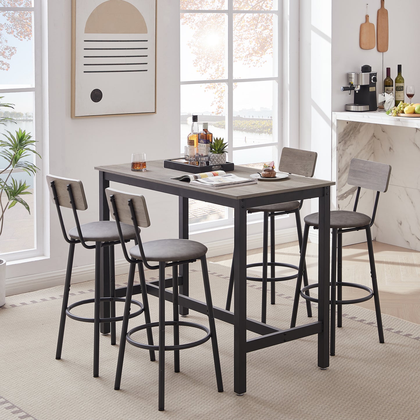 Bar Table Set with 4 Bar stools PU Soft seat with backrest, Grey, 47.24'' L x 23.62'' W x 35.43'' H image 1