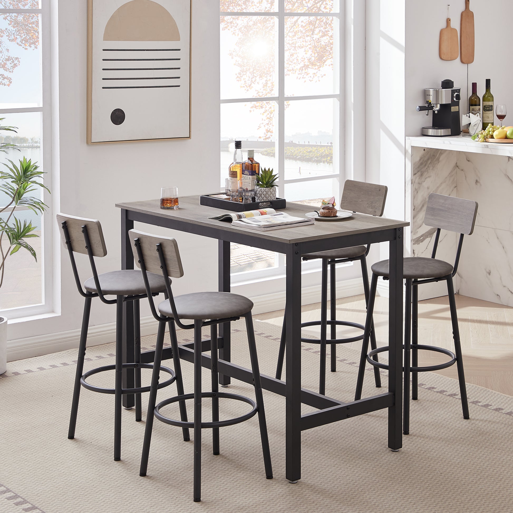 Bar Table Set with 4 Bar stools PU Soft seat with backrest, Grey, 47.24'' L x 23.62'' W x 35.43'' H image 1