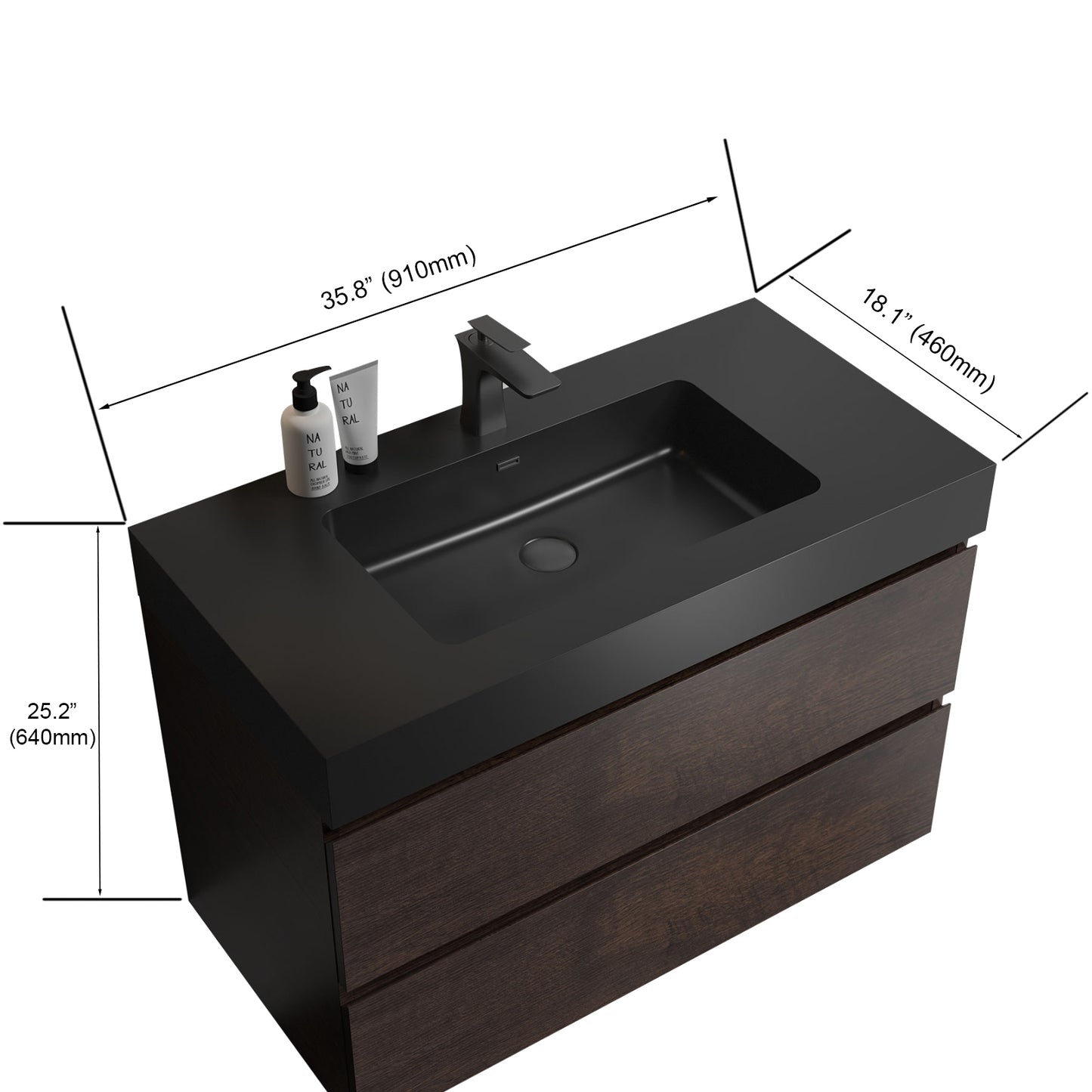 Alice 36" Walnut Bathroom Vanity with Sink, Large Storage Wall Mounted Floating Bathroom Vanity for Modern Bathroom, One-Piece Black Sink Basin without Drain and Faucet, Pre-assembled image 4