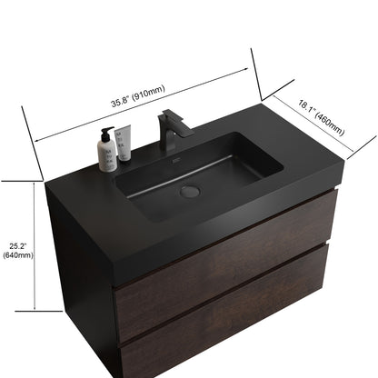 Alice 36" Walnut Bathroom Vanity with Sink, Large Storage Wall Mounted Floating Bathroom Vanity for Modern Bathroom, One-Piece Black Sink Basin without Drain and Faucet, Pre-assembled image 4