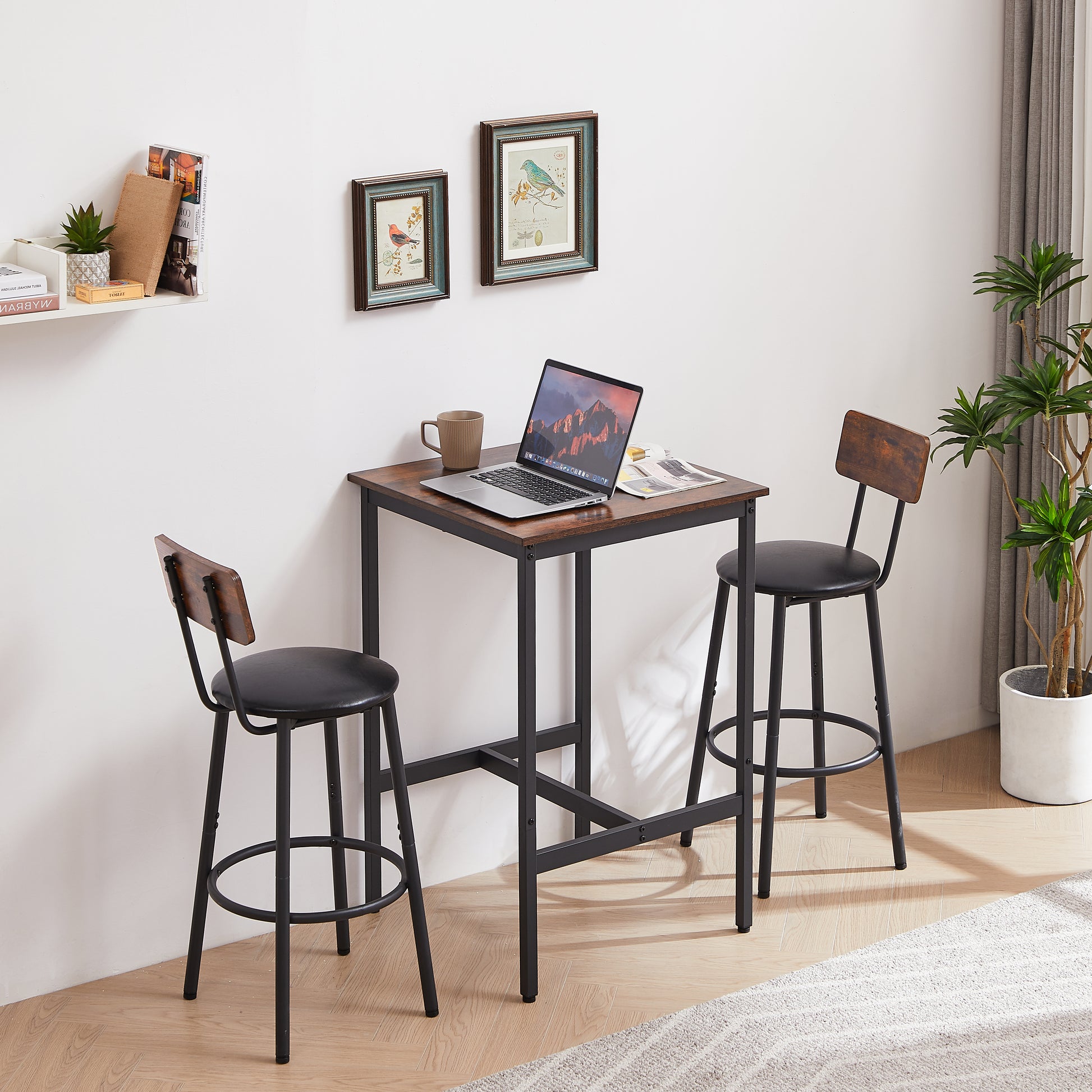 Bar Table Set with 2 Bar stools PU Soft seat with backrest, Rustic Brown, 23.62'' W x 23.62'' D x 35.43'' H image 2