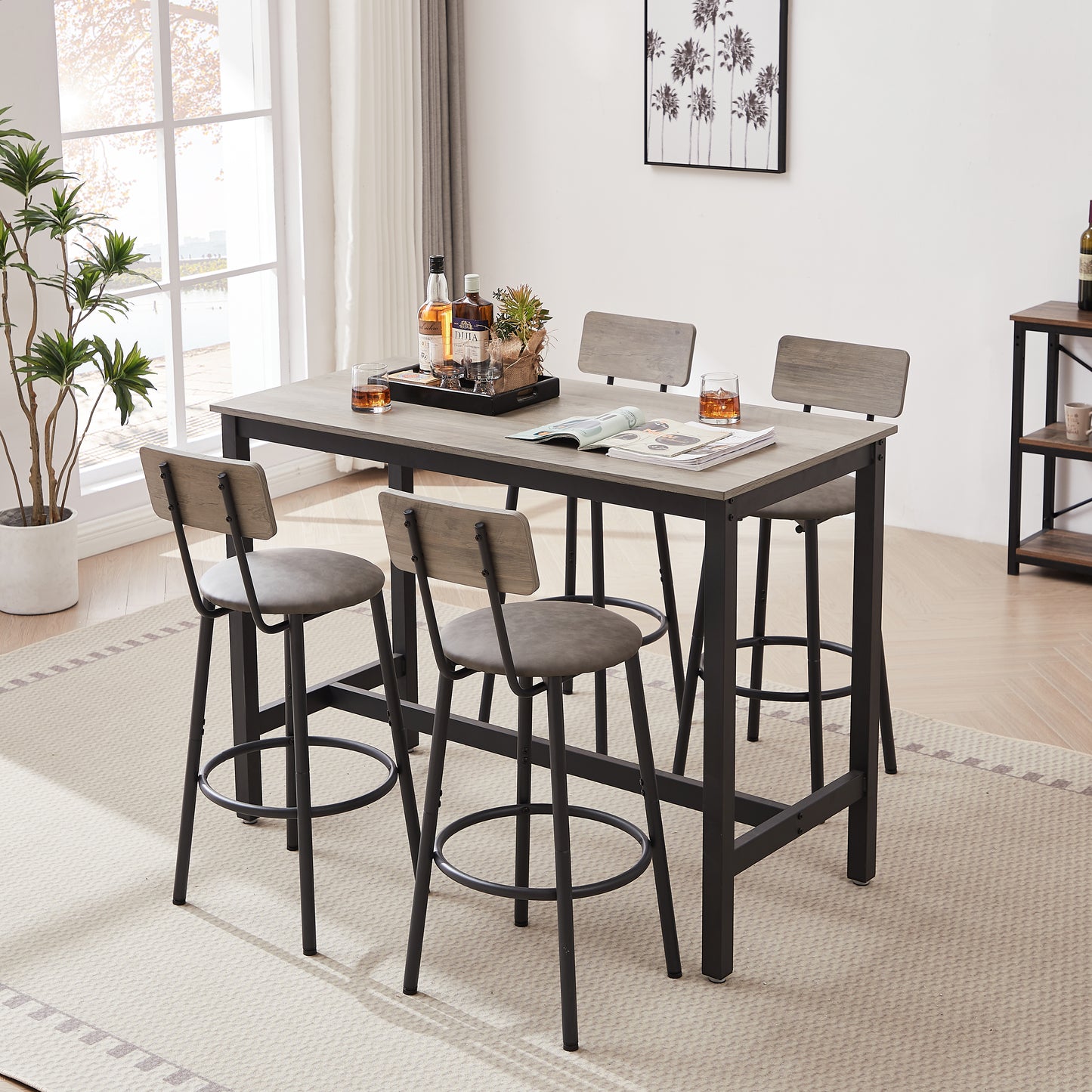 Bar Table Set with 4 Bar stools PU Soft seat with backrest, Grey, 47.24'' L x 23.62'' W x 35.43'' H image 5