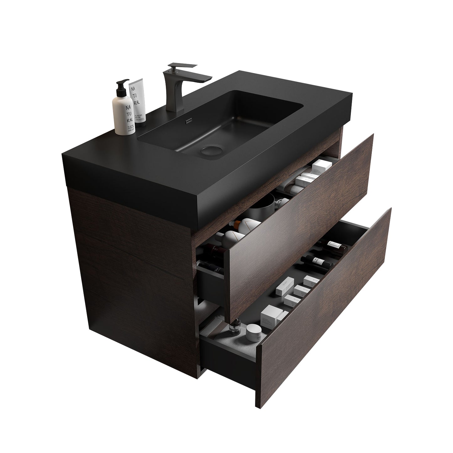 Alice 36" Walnut Bathroom Vanity with Sink, Large Storage Wall Mounted Floating Bathroom Vanity for Modern Bathroom, One-Piece Black Sink Basin without Drain and Faucet, Pre-assembled image 5