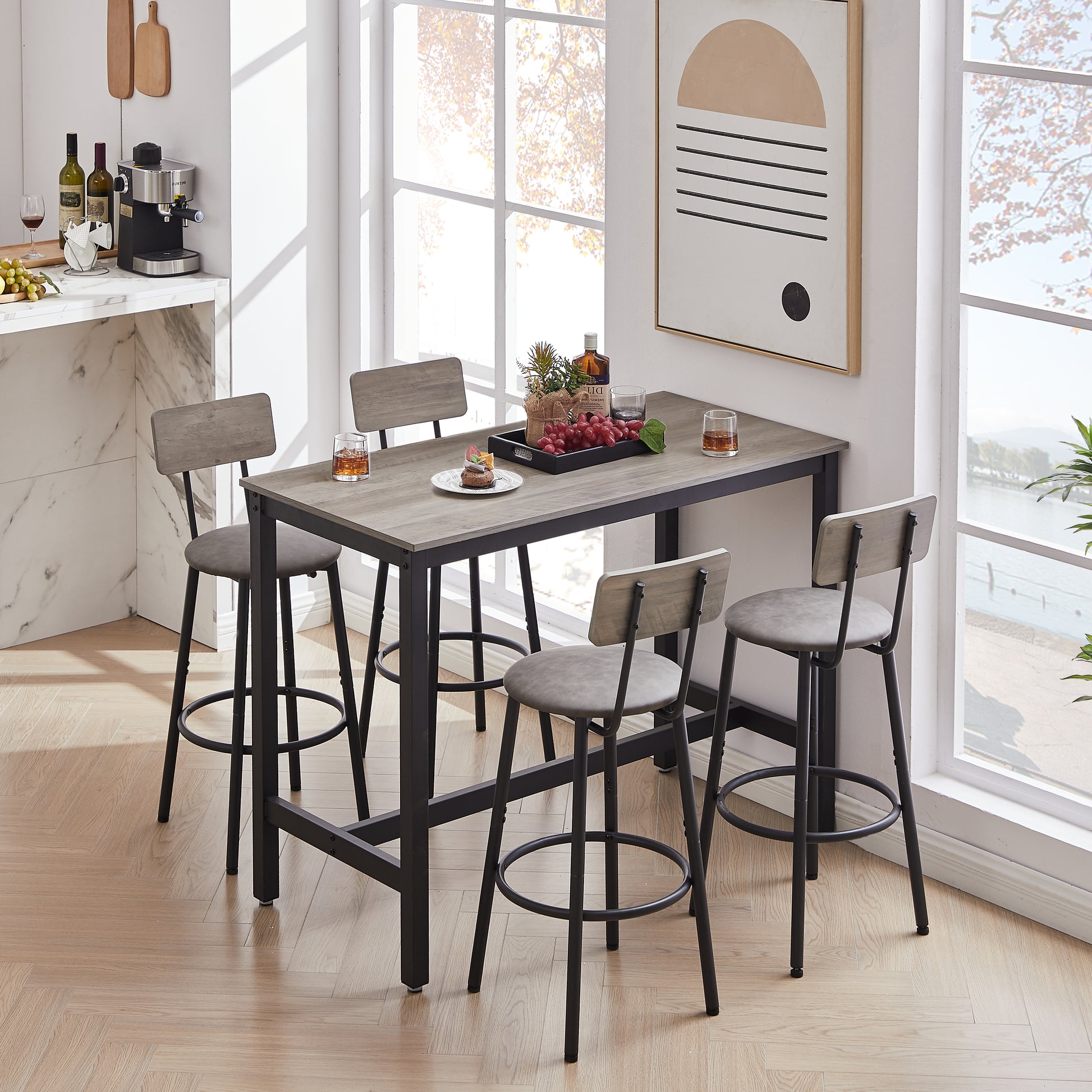 Bar Table Set with 4 Bar stools PU Soft seat with backrest, Grey, 47.24'' L x 23.62'' W x 35.43'' H image 4
