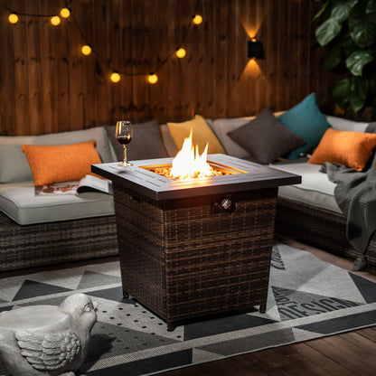 28" Propane Gas Fire Pit Table, 50000 BTU Square Steel Fire Pit with Beautiful Wicker Base for Outside Patio Deck Garden Backyard-Black image 3