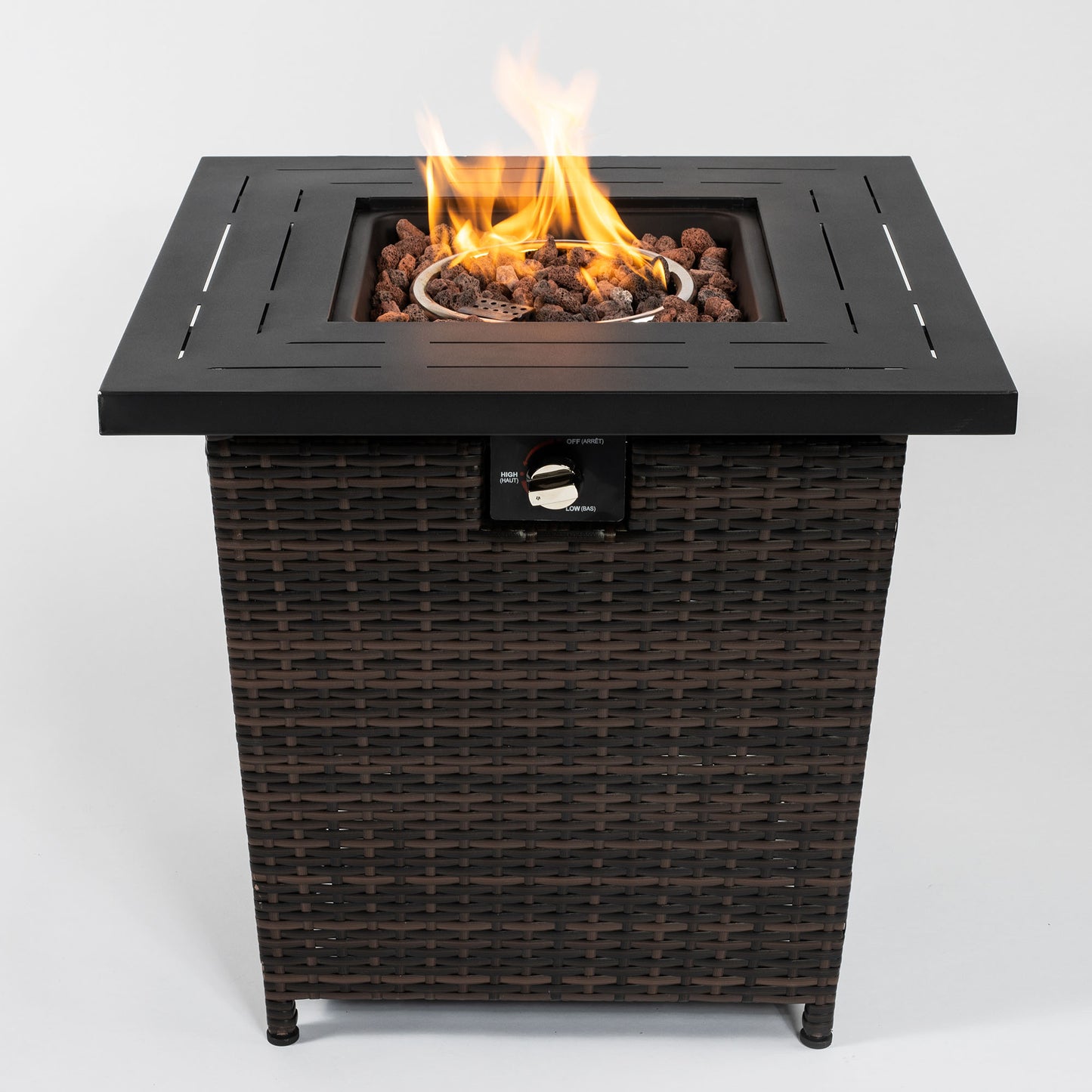 28" Propane Gas Fire Pit Table, 50000 BTU Square Steel Fire Pit with Beautiful Wicker Base for Outside Patio Deck Garden Backyard-Black image 6