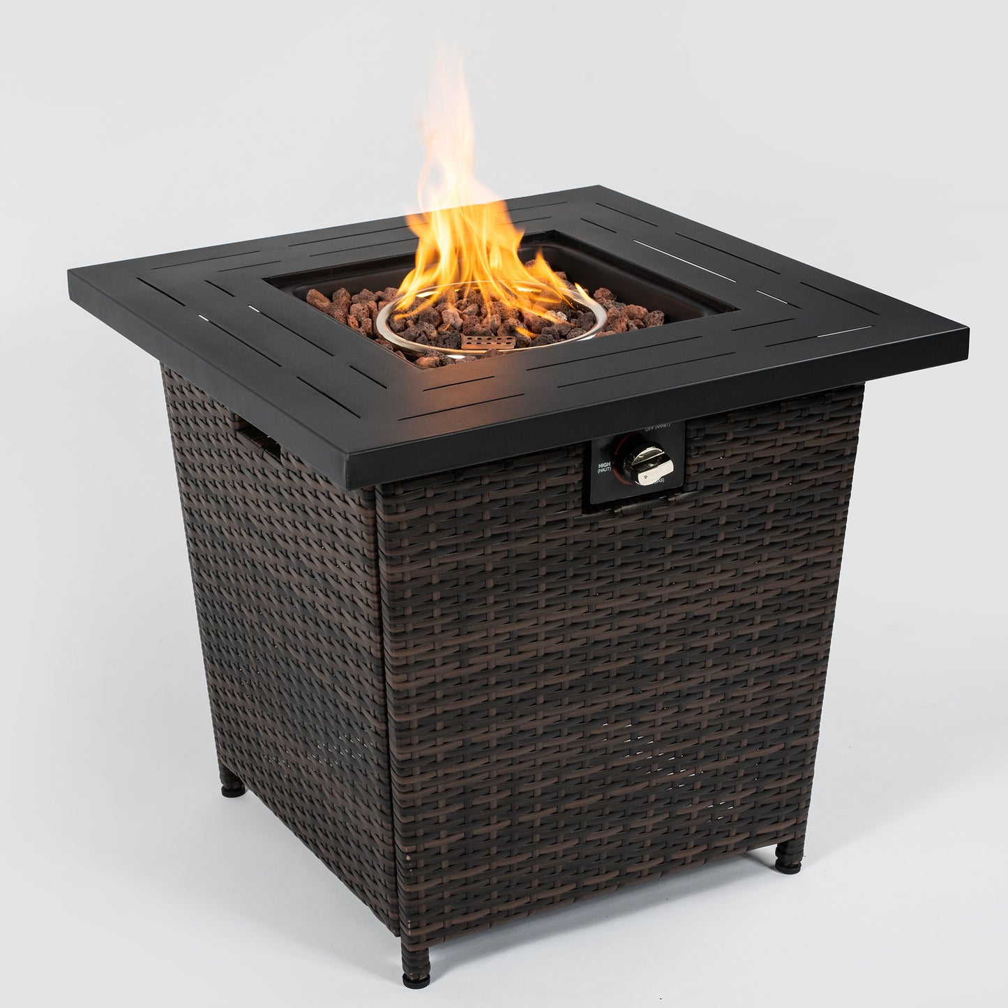 28" Propane Gas Fire Pit Table, 50000 BTU Square Steel Fire Pit with Beautiful Wicker Base for Outside Patio Deck Garden Backyard-Black image 4