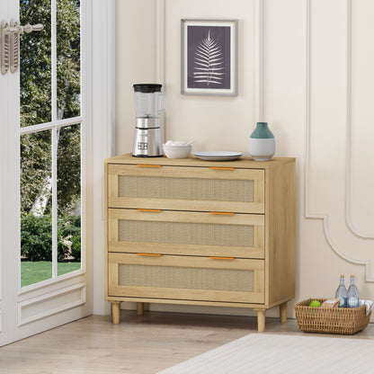31.50"3-Drawers Rattan Storage Cabinet Rattan Drawer,for Bedroom,Living Room,Dining Room,Hallways,Oak image 2