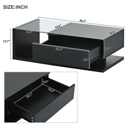 [VIDEO provided] ON-TREND Modern Coffee Table with Tempered Glass, Wooden Cocktail Table with High-gloss UV Surface, Modernist 2-Tier Rectangle Center Table for Living Room, Black image 8