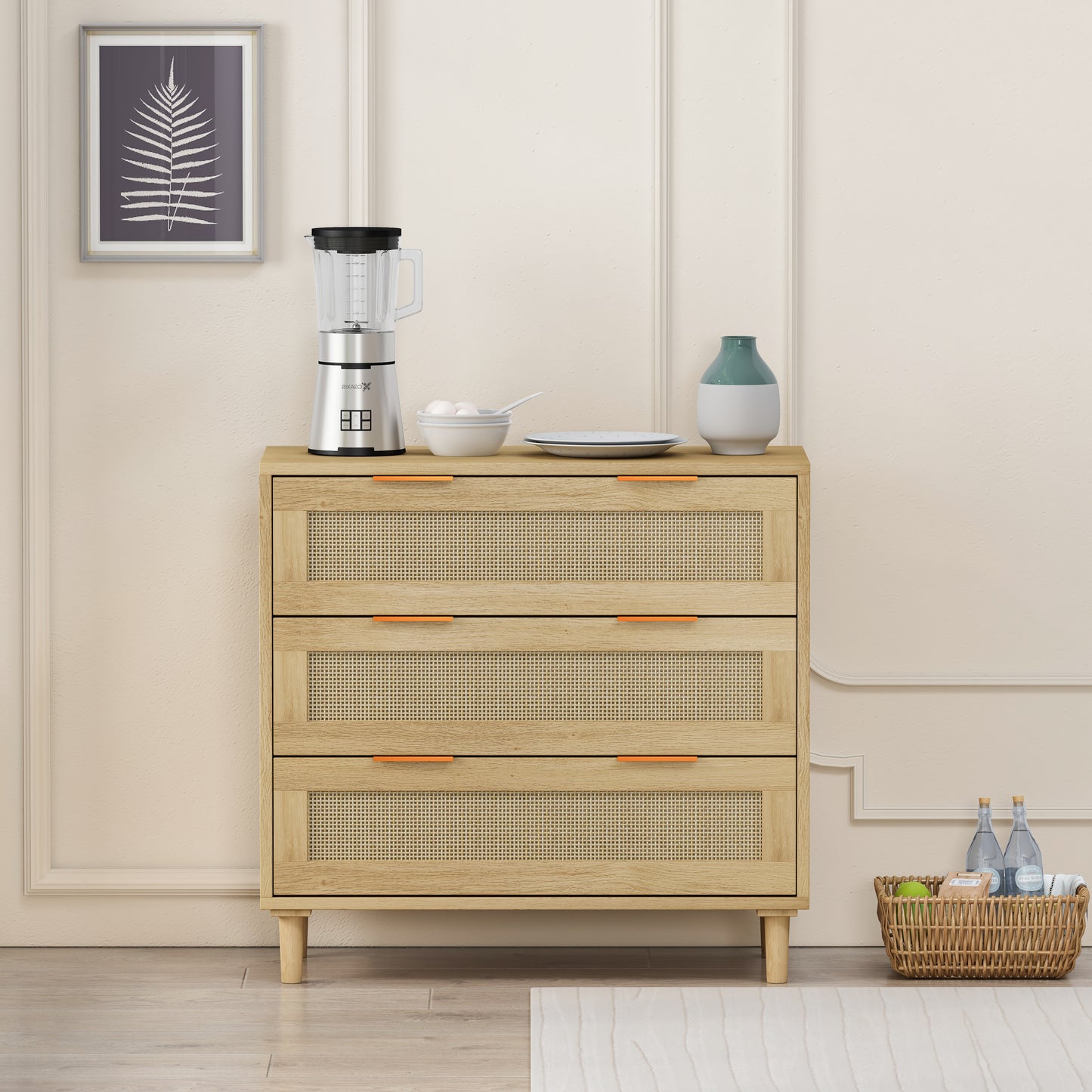 31.50"3-Drawers Rattan Storage Cabinet Rattan Drawer,for Bedroom,Living Room,Dining Room,Hallways,Oak image 1