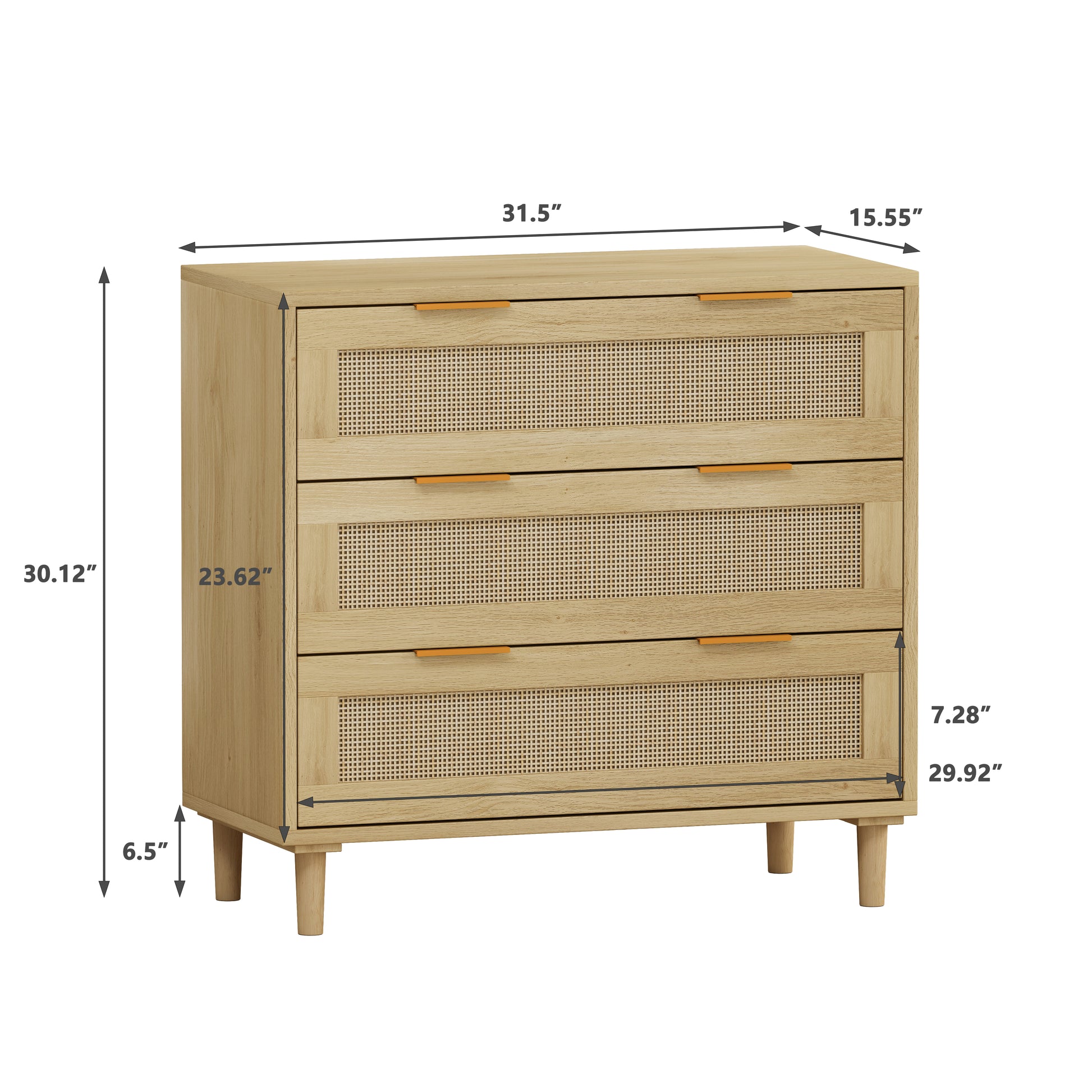 31.50"3-Drawers Rattan Storage Cabinet Rattan Drawer,for Bedroom,Living Room,Dining Room,Hallways,Oak image 3