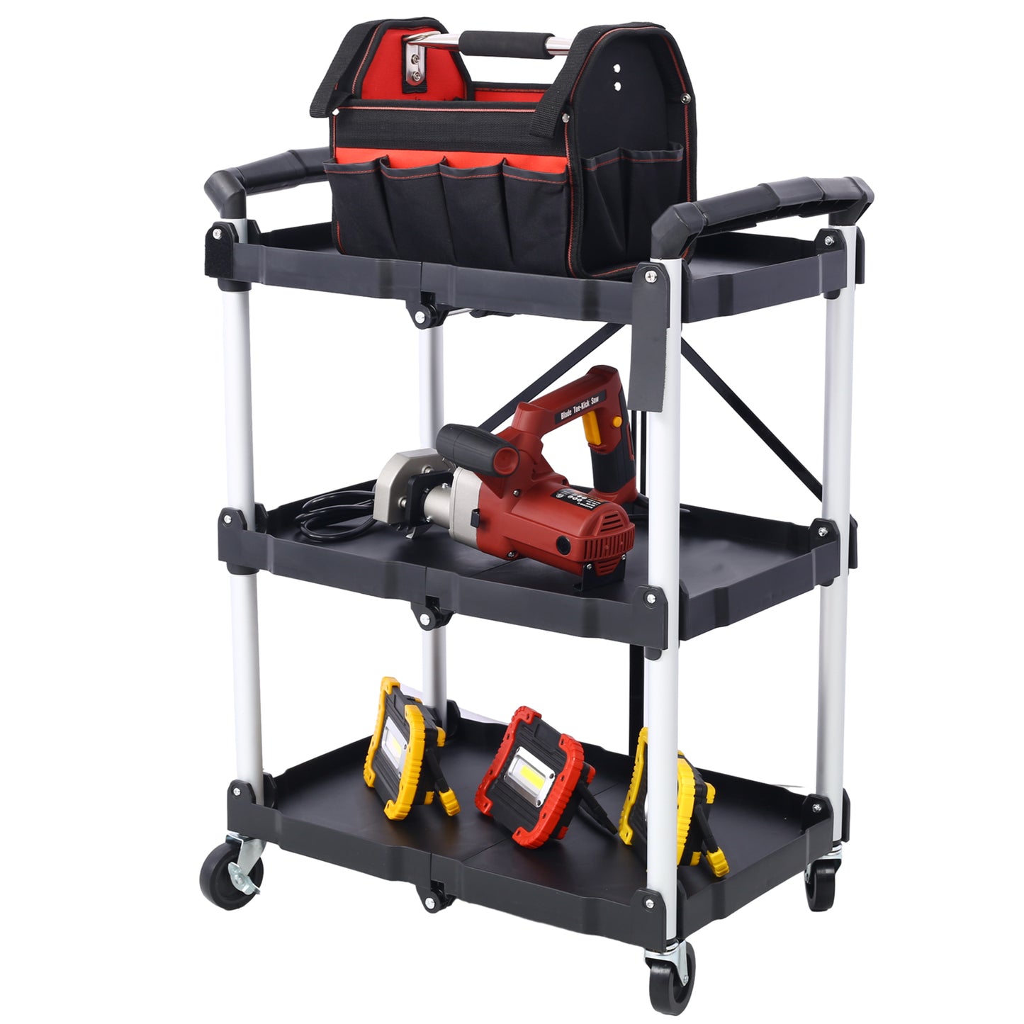 3 Layers Folding Collapsible Service Cart Pack-N-Roll Folding Collapsible Service Cart, Black, 50 Lb. Load Capacity per Shelf image 8