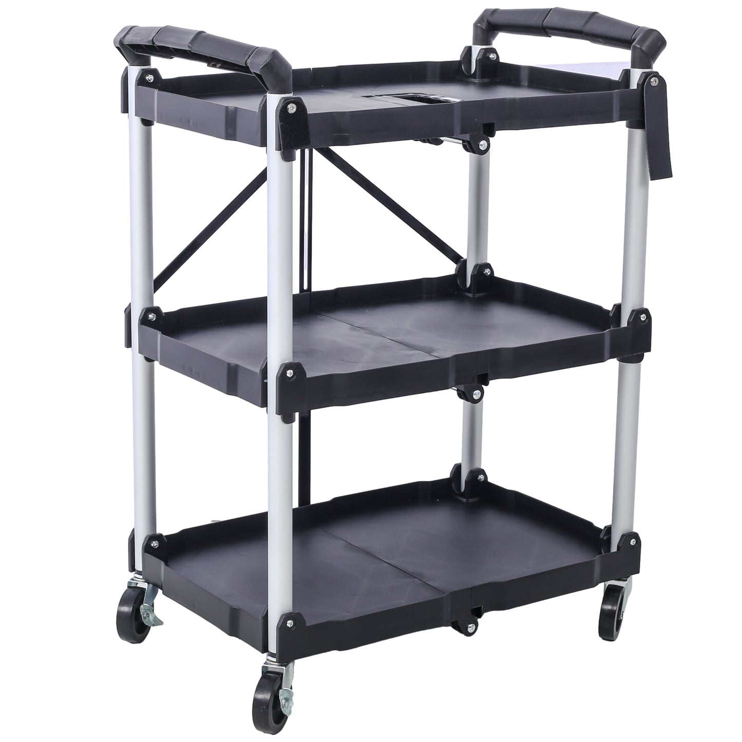 3 Layers Folding Collapsible Service Cart Pack-N-Roll Folding Collapsible Service Cart, Black, 50 Lb. Load Capacity per Shelf image 10