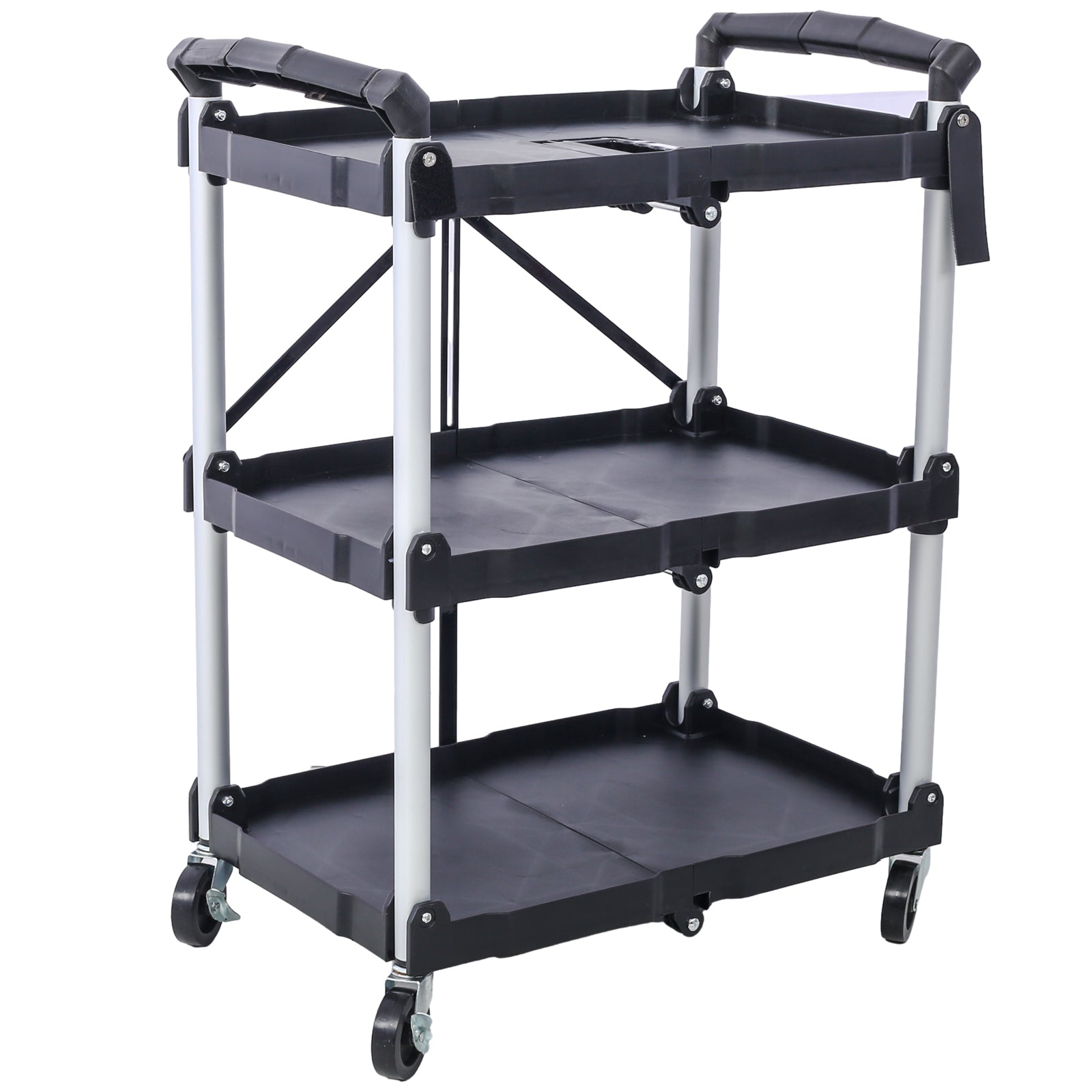 3 Layers Folding Collapsible Service Cart Pack-N-Roll Folding Collapsible Service Cart, Black, 50 Lb. Load Capacity per Shelf image 10