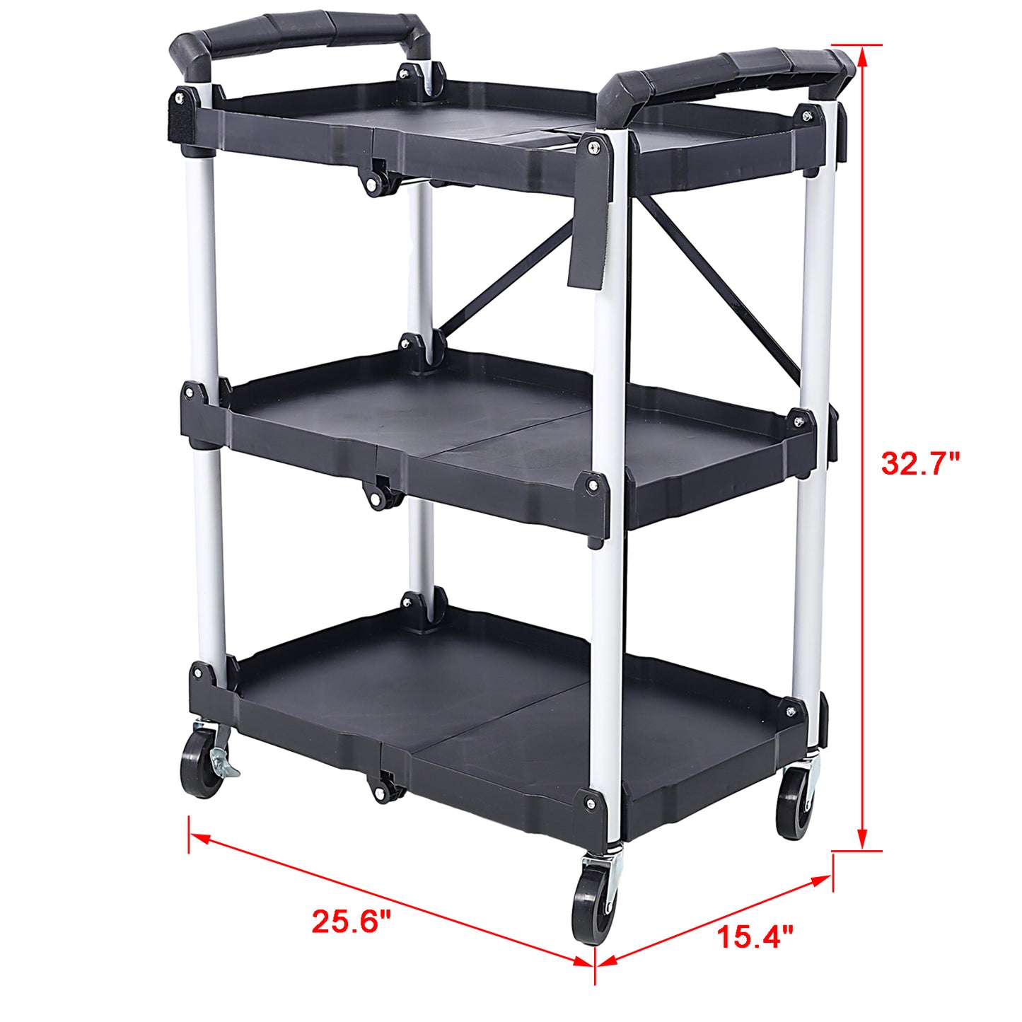 3 Layers Folding Collapsible Service Cart Pack-N-Roll Folding Collapsible Service Cart, Black, 50 Lb. Load Capacity per Shelf image 5