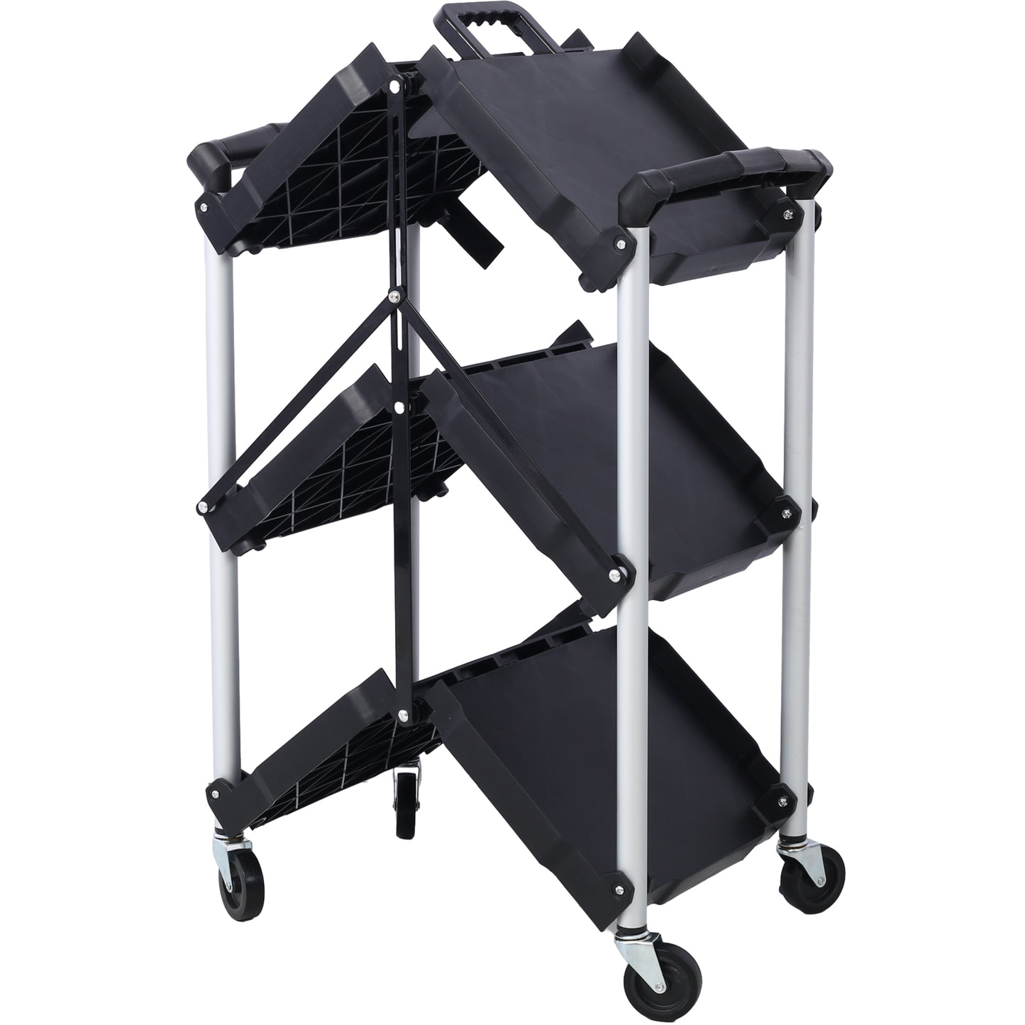 3 Layers Folding Collapsible Service Cart Pack-N-Roll Folding Collapsible Service Cart, Black, 50 Lb. Load Capacity per Shelf image 6