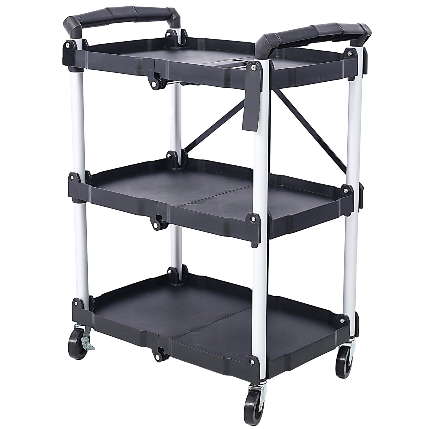 3 Layers Folding Collapsible Service Cart Pack-N-Roll Folding Collapsible Service Cart, Black, 50 Lb. Load Capacity per Shelf image 2