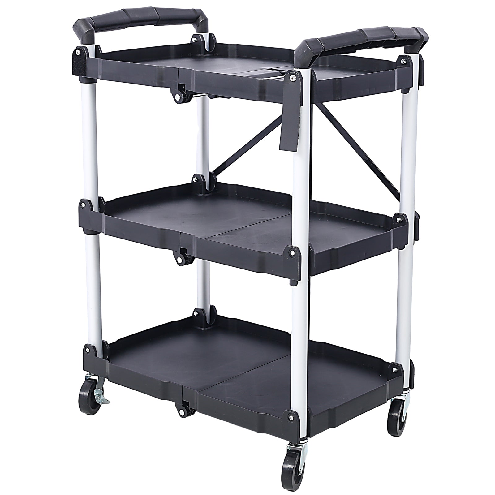3 Layers Folding Collapsible Service Cart Pack-N-Roll Folding Collapsible Service Cart, Black, 50 Lb. Load Capacity per Shelf image 2