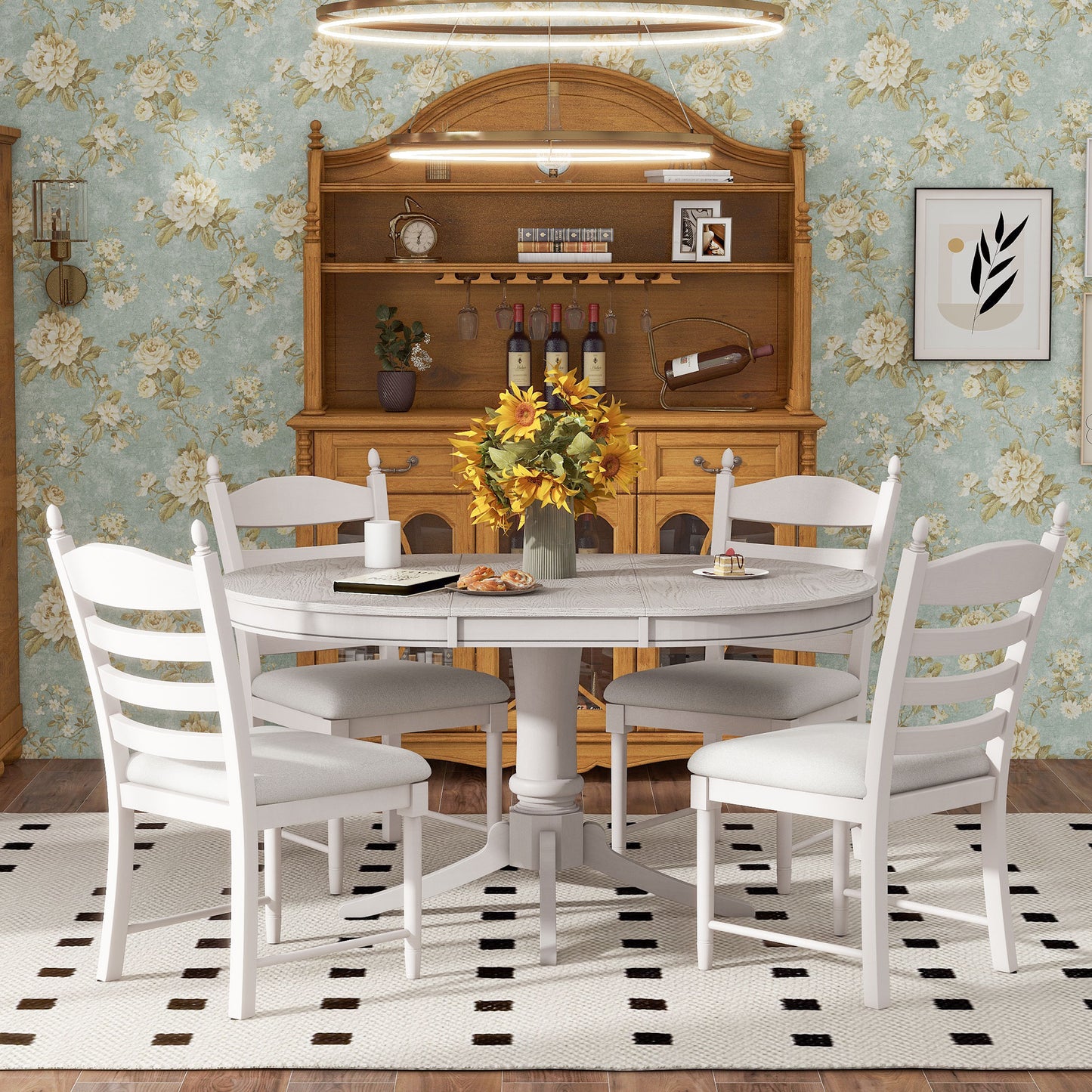 TREXM 5-Piece Retro Functional Dining Table Set Wood Round Extendable Dining Table and 4 Upholstered Dining Chairs (Antique White) image 1