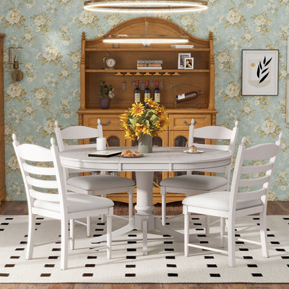 TREXM 5-Piece Retro Functional Dining Table Set Wood Round Extendable Dining Table and 4 Upholstered Dining Chairs (Antique White) image 1