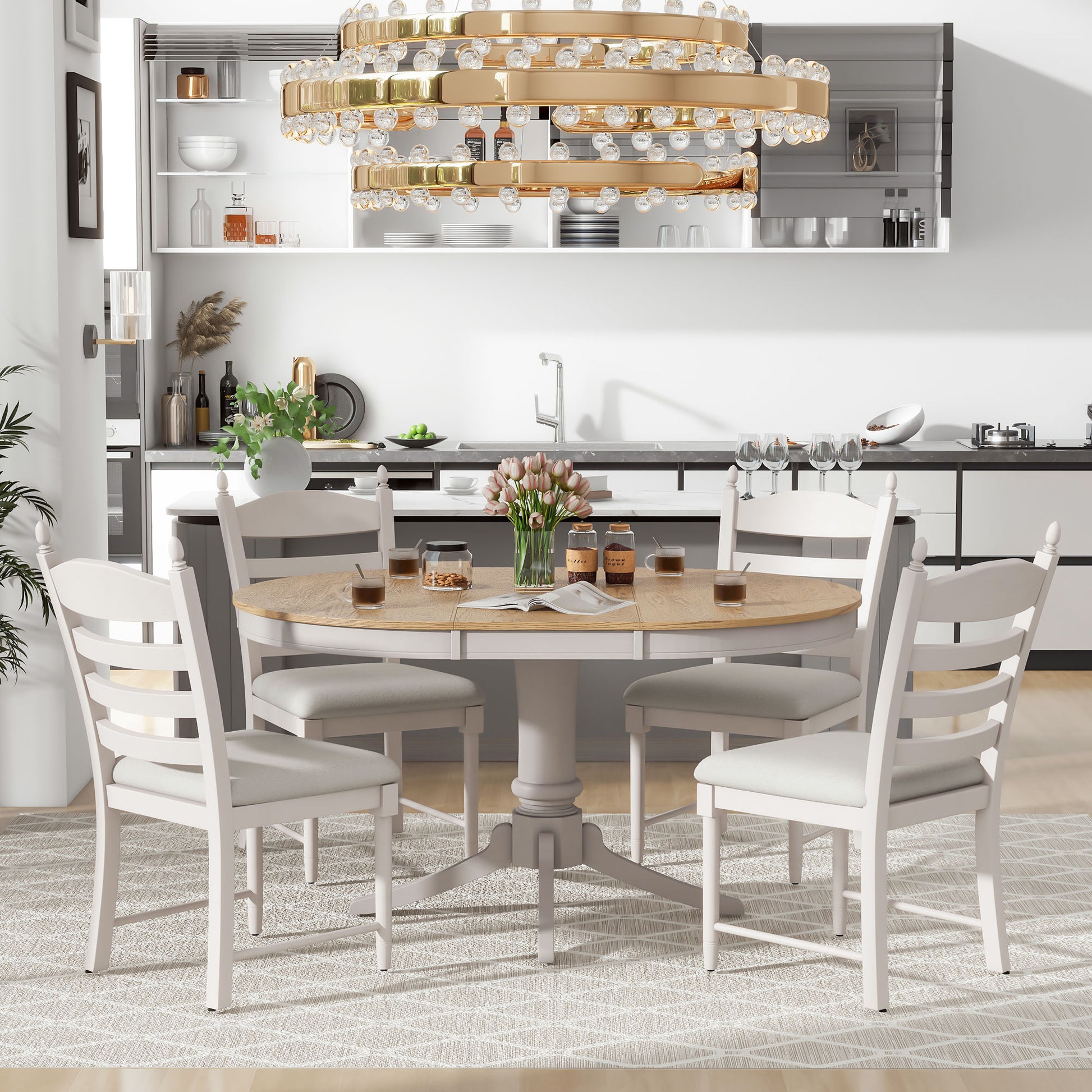 TREXM 5-Piece Retro Functional Dining Table Set Wood Round Extendable Dining Table and 4 Upholstered Dining Chairs (Off White) image 1
