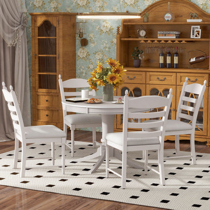 TREXM 5-Piece Retro Functional Dining Table Set Wood Round Extendable Dining Table and 4 Upholstered Dining Chairs (Antique White) image 3