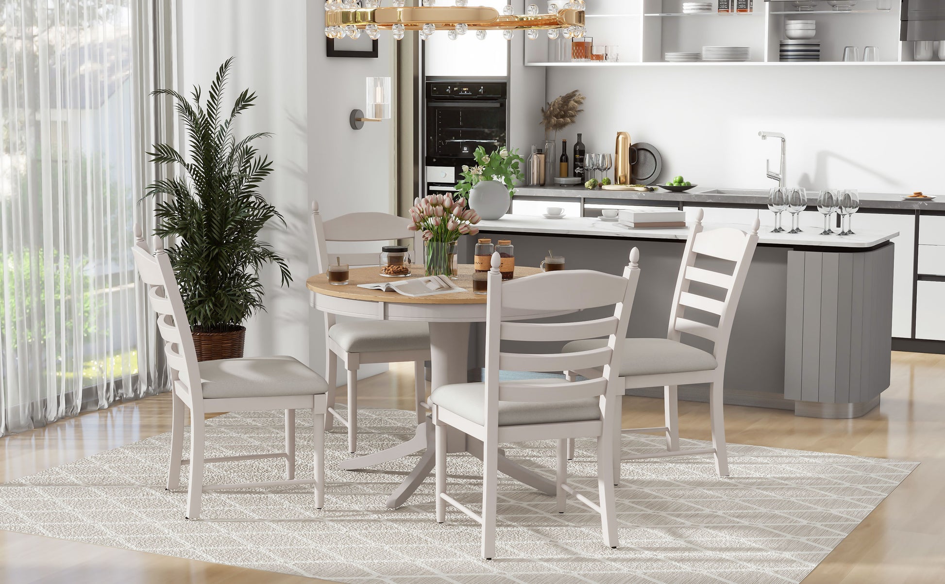 TREXM 5-Piece Retro Functional Dining Table Set Wood Round Extendable Dining Table and 4 Upholstered Dining Chairs (Off White) image 6