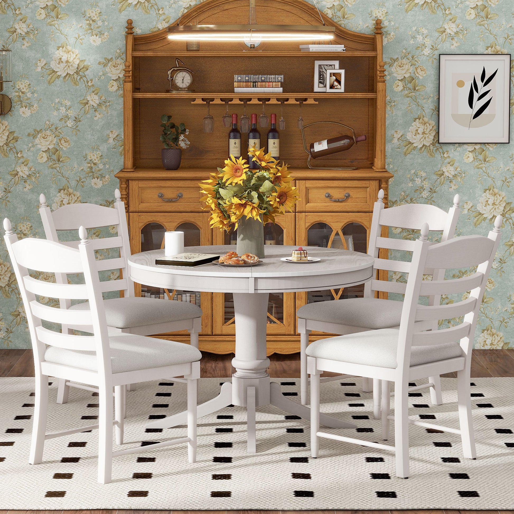 TREXM 5-Piece Retro Functional Dining Table Set Wood Round Extendable Dining Table and 4 Upholstered Dining Chairs (Antique White) image 4