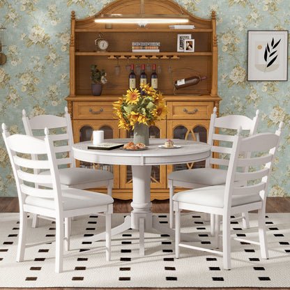 TREXM 5-Piece Retro Functional Dining Table Set Wood Round Extendable Dining Table and 4 Upholstered Dining Chairs (Antique White) image 4