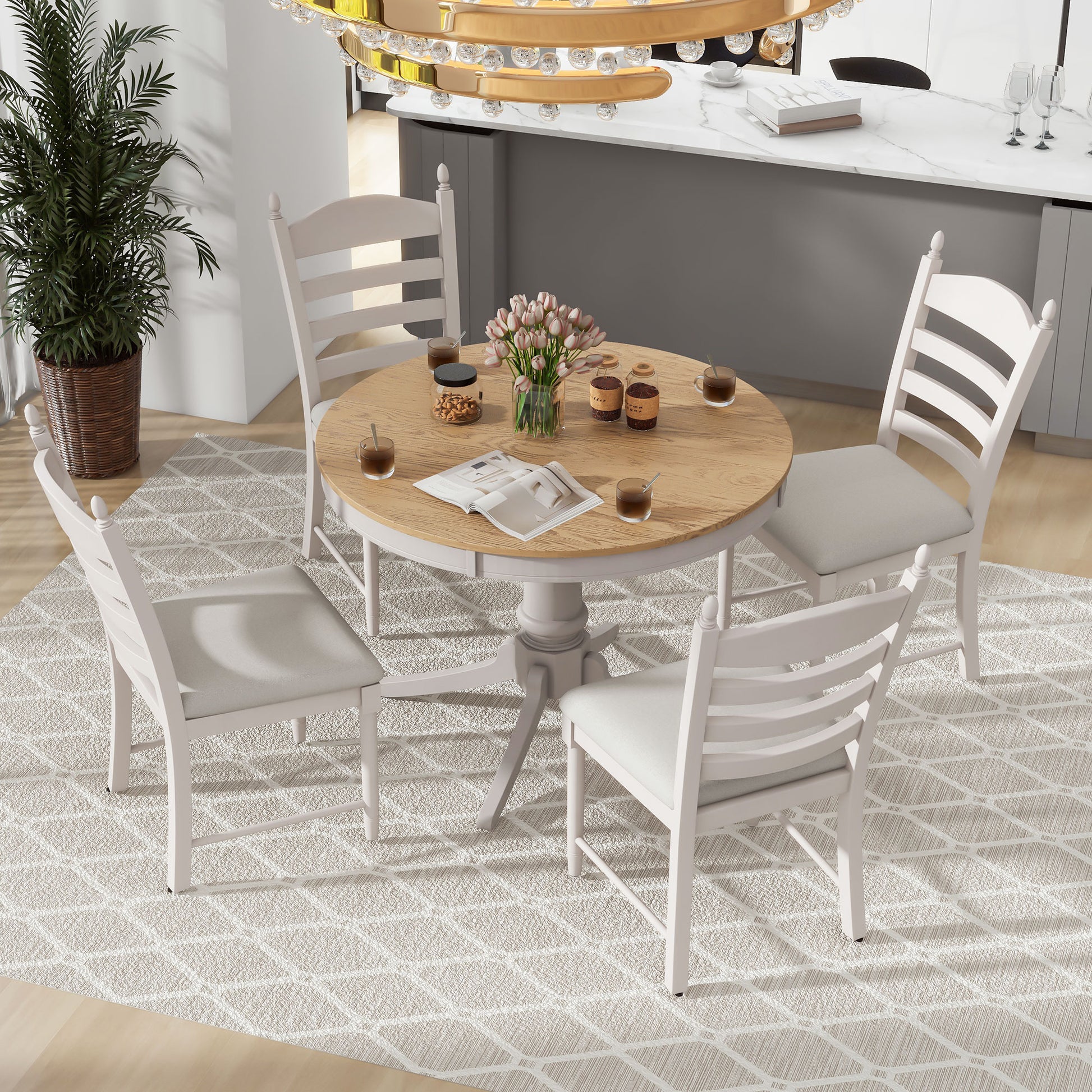 TREXM 5-Piece Retro Functional Dining Table Set Wood Round Extendable Dining Table and 4 Upholstered Dining Chairs (Off White) image 7