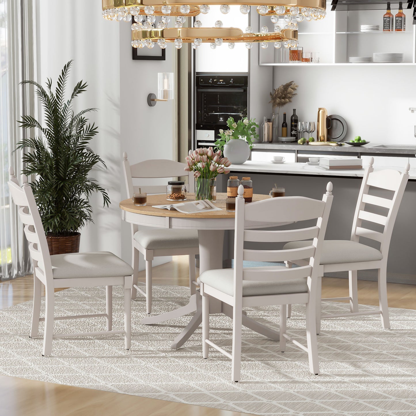 TREXM 5-Piece Retro Functional Dining Table Set Wood Round Extendable Dining Table and 4 Upholstered Dining Chairs (Off White) image 4