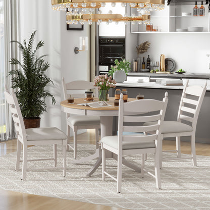 TREXM 5-Piece Retro Functional Dining Table Set Wood Round Extendable Dining Table and 4 Upholstered Dining Chairs (Off White) image 4